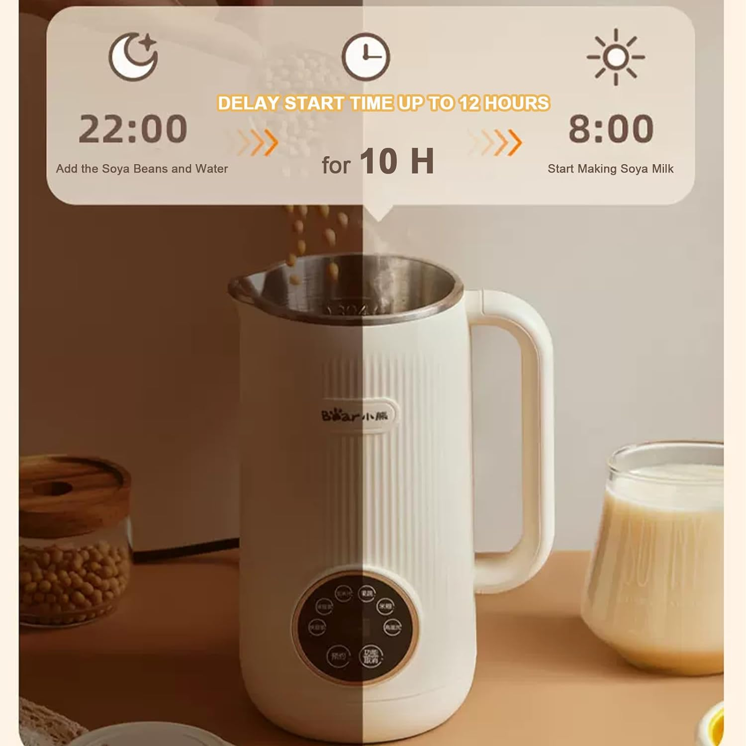 Bear Soy Milk Maker, 600Ml Multi-Functional Automatic Almond Milk, Nut Milk, Oat Milk, Corn Juice, Rice Paste, Juice Maker with 12H Delay Start & 2H Keep Warm, Stainless Steel, Auto Clean image number 5