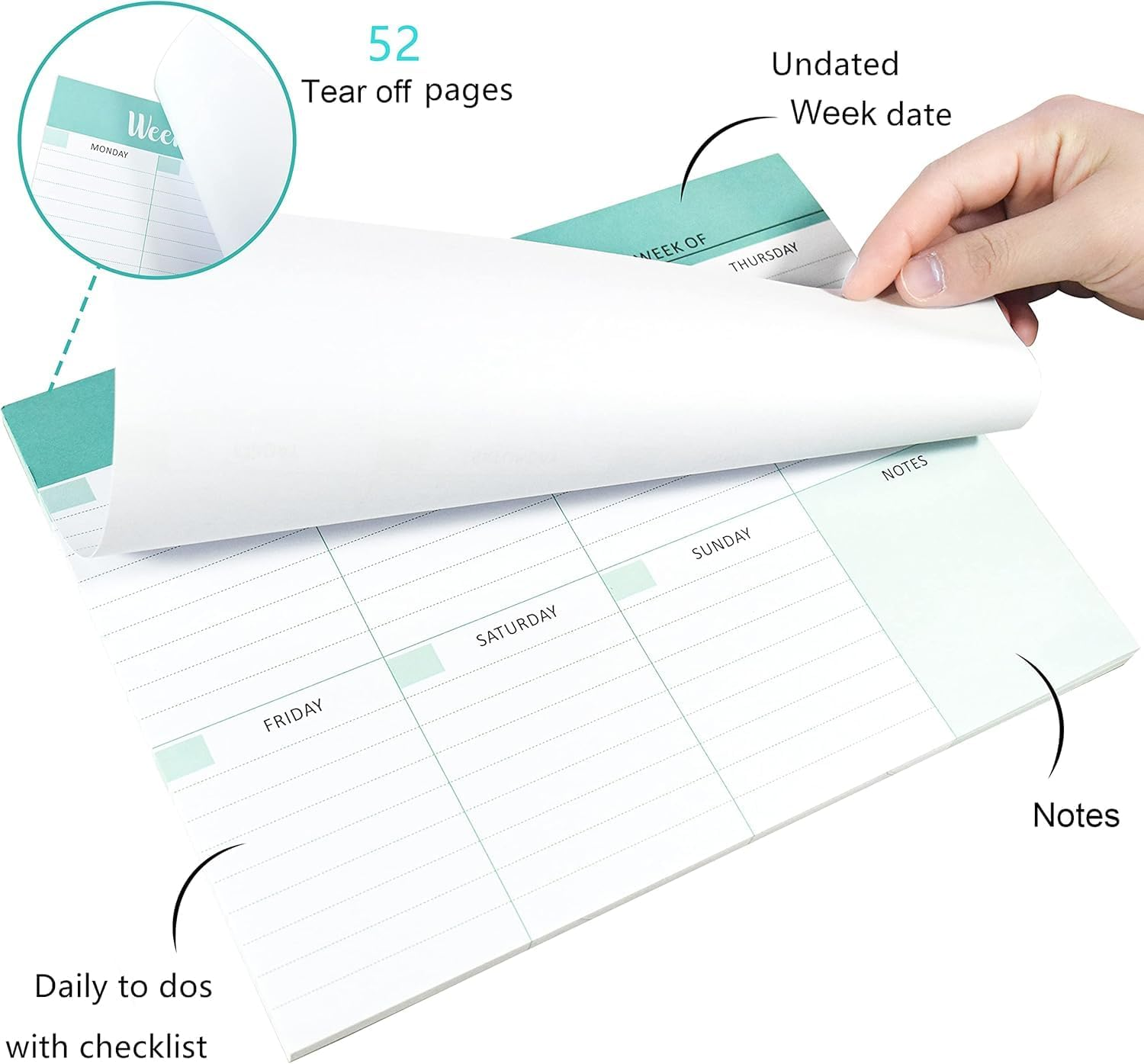 Undated Weekly Planning Pad, 52 Sheets Tear off to Do List Pad with Daily Schedule, 100Gsm Paper, 25.4X19 Cm - Student, Work Planner