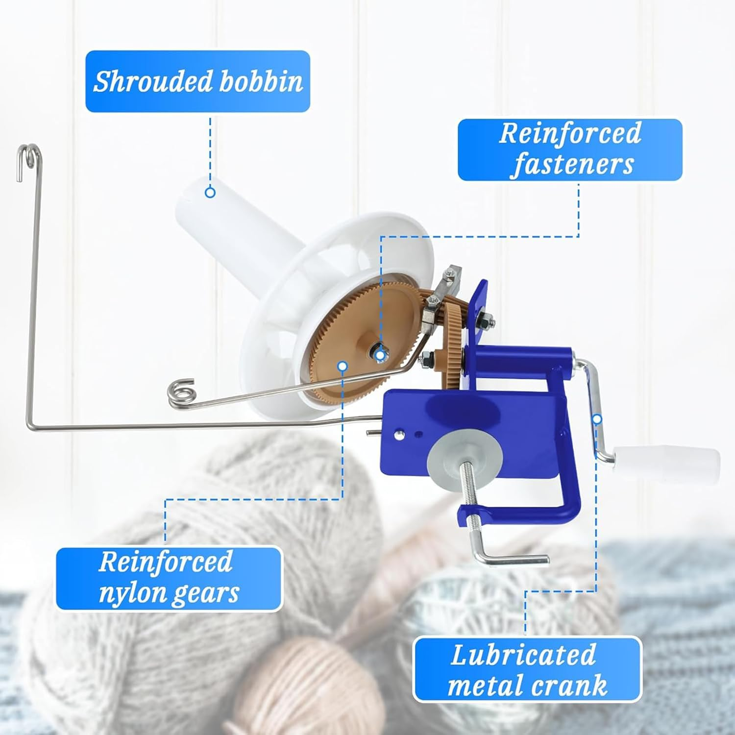 Large Metal Yarn/Fiber/Wool/String Ball Winder - 10 Oz，Hand Operated, Blue and White image number 1