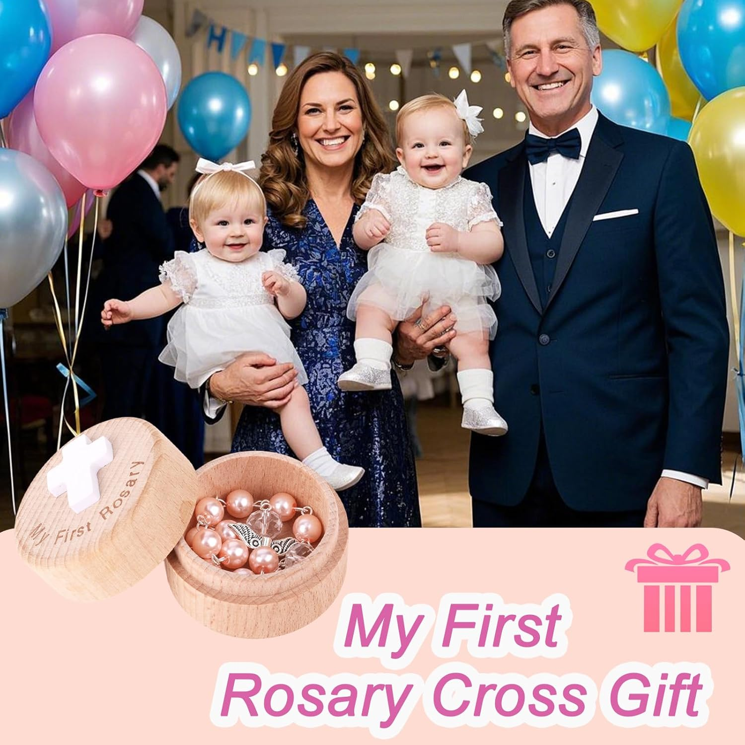 My First Rosary Baptism Gifts, Baptism Memorial Box & Rosary Bracelet with Angel Wings Catholic First Communion Christening Beads Gifting Set for Baby Shower image number 6