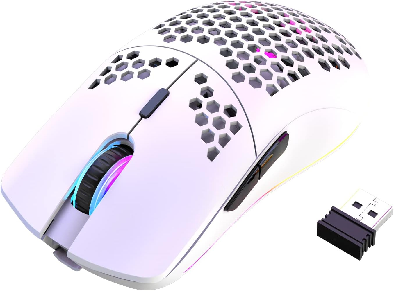 Lancoon Wireless Gaming Mouse, Hollow Carved Design, Colourful, Rechargeable, Durable, 2.4 G, 4 Adjustable 3200 DPI Levels, 7 Buttons, Optical Sensor for E-Sportb Work (White) image number 1