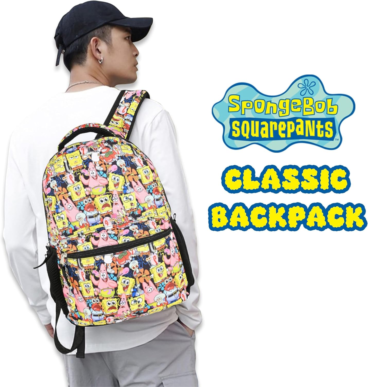Nickelodeon Spongebob Backpack for Kids - Officially Licensed Spongebob Squarepants, Mr. Krabs, Squidward, Plankton Bookbag for Boys and Girls Kids and Adults - Laptop and Lunchbox Compartment, Black image number 5
