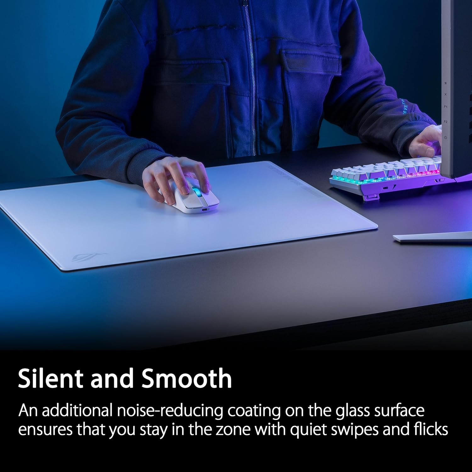 ASUS ROG Moonstone Ace L Glass Gaming Mouse Pad, Ultra-Smooth Surface, Noise-Reducing Design, 9H Tempered Glass, Impact & Scratch Resistant, Anti-Slip Silicone Base, 500 X 400 Mm, Moonlight White image number 6