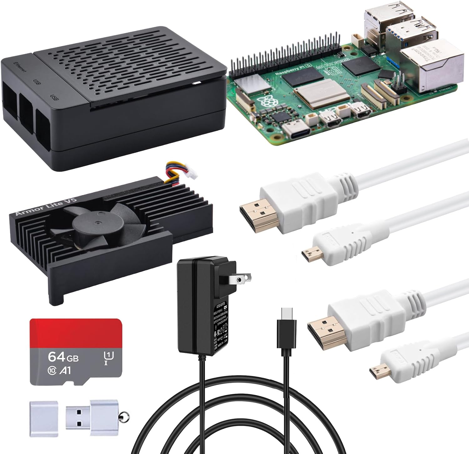 Geeekpi Starter Kit for Raspberry Pi 5 8GB, with Raspberry Pi 5 & Active Cooler, Case 64GB Card, Card Reader,Hdmi Cables and 27W USB C Power Supply image number 5