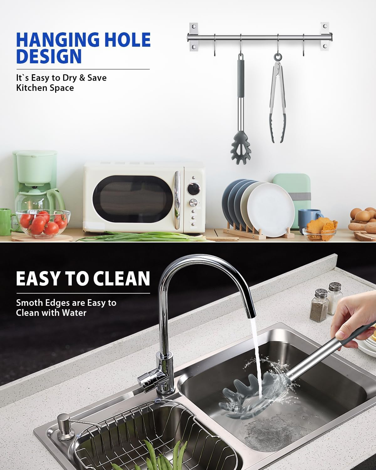 Spaghetti Spoon and Pasta Tong, Non-Stick Silicone Spoon Server Fork with Teeth and Stainless Steel Handle, Food Clip for Noodles (Grey) - Khaki image number 7