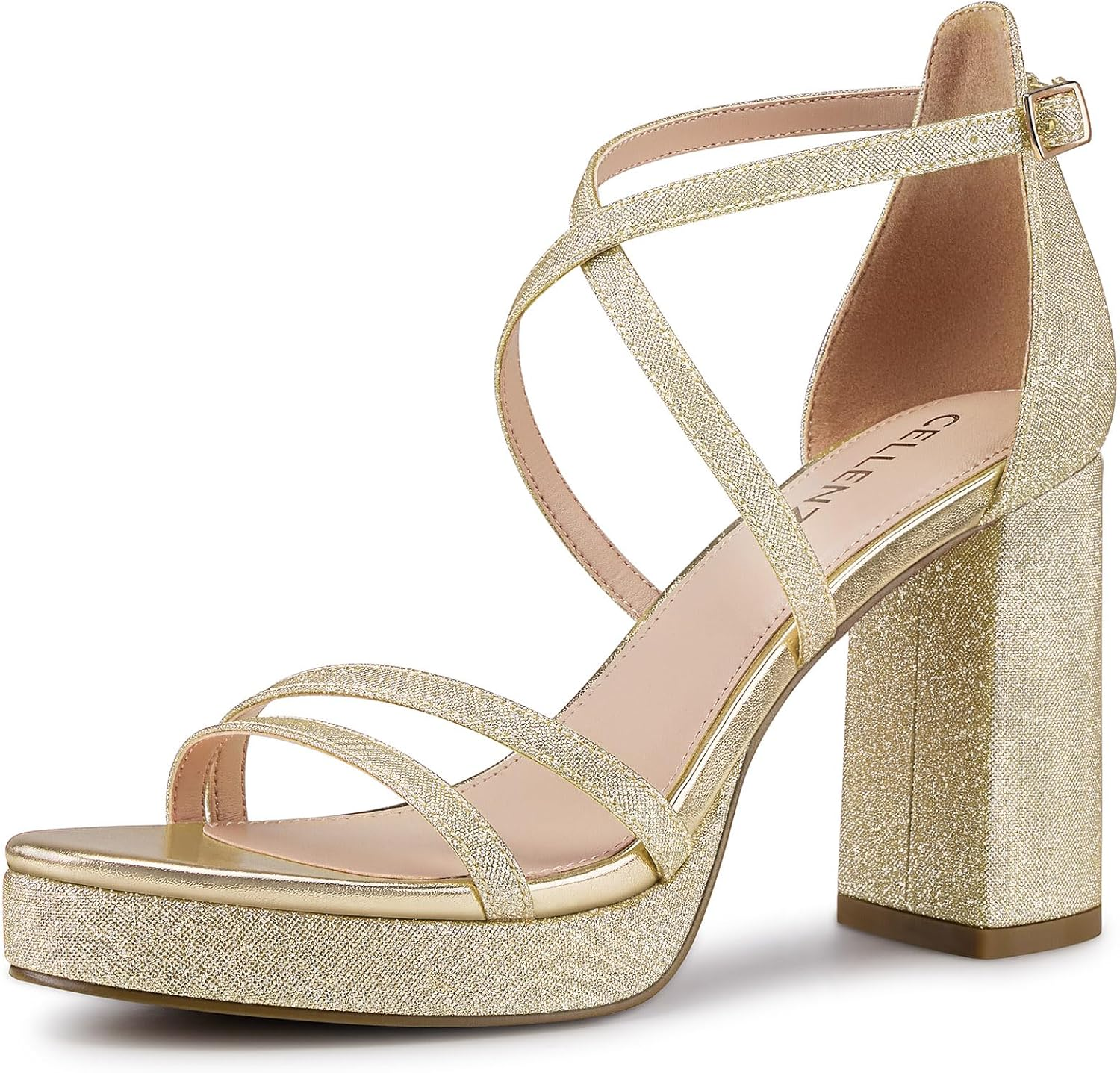 Women Strappy Platform Heels: 3.4 Inch Chunky Heeled Sandals, Comfortable Sexy Block High Heels, for Prom Party Bridal Wedding Black White Silver Nude Dressy Shoes