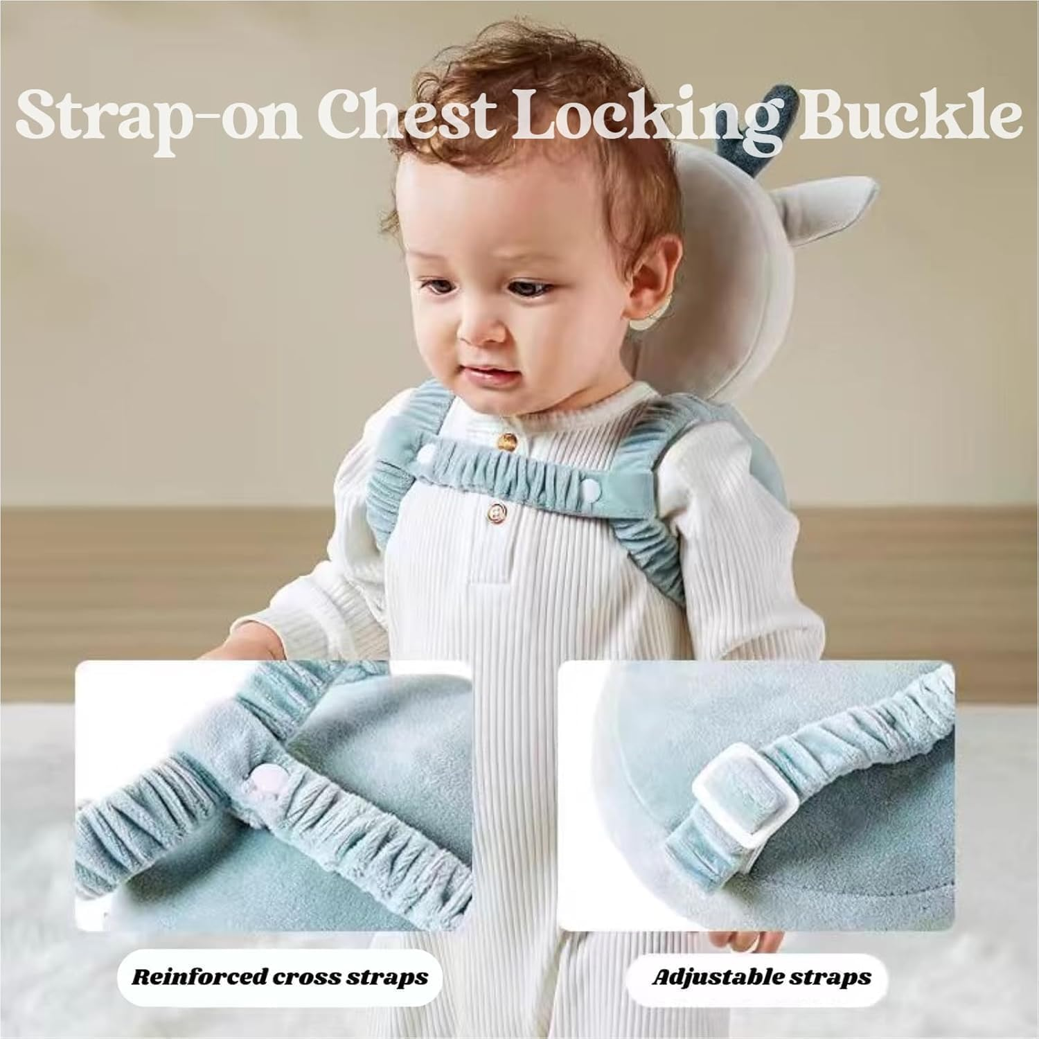 Adjustable Baby Head Protector with Safety Cushion &ndash; Soft Head Protection Backpack with 2 Pairs of Knee Pads for Crawling and Walking Infants and Toddlers (Mesh Deer, Blue) image number 4