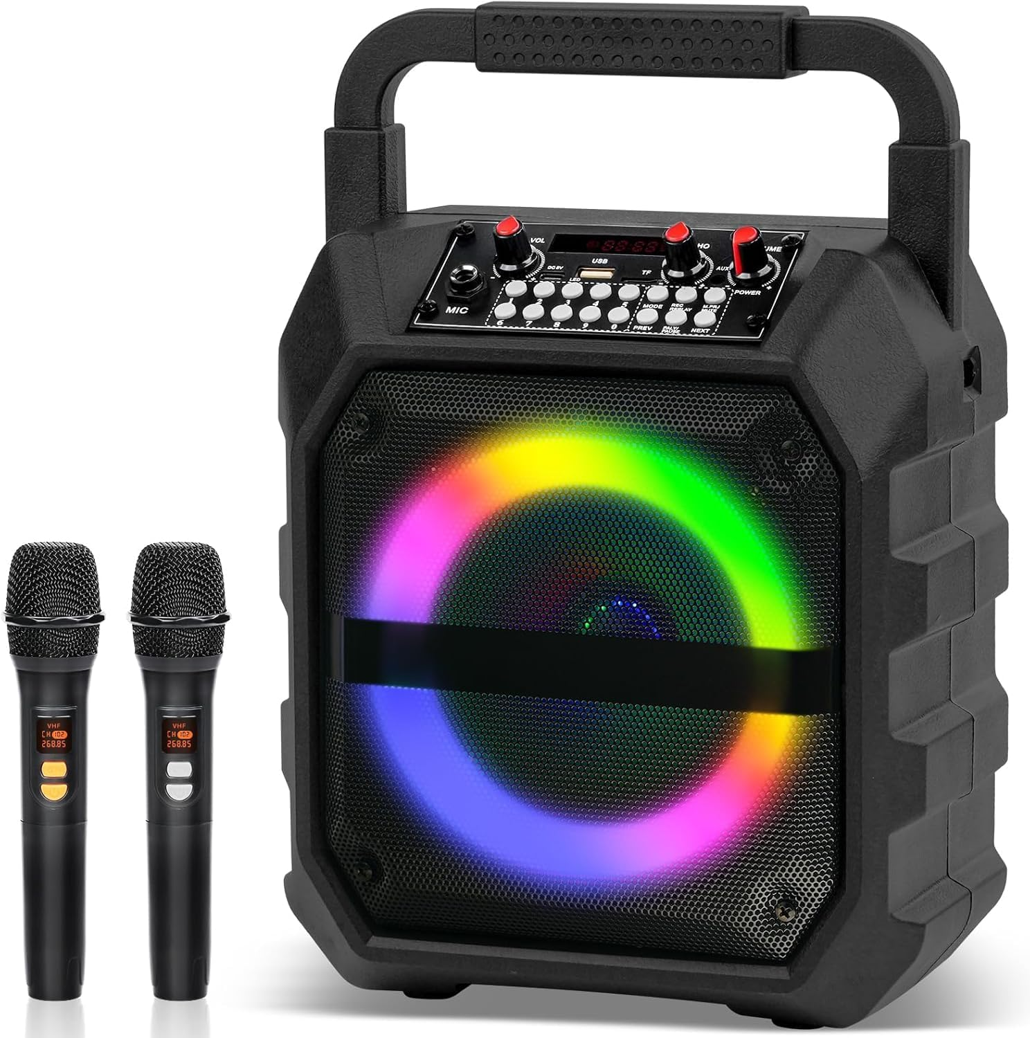 Karaoke Machine,Potable Bluetooth Stero Speaker, Singing Machine with 2 Wireless Microphones LED Lights for Home Party Meeting Adults Kids Supports USB/TF/AUX/REC/FM image number 2