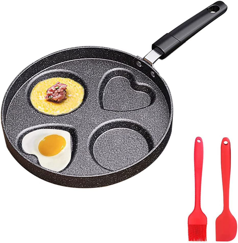 SEHORTREE Heart-Shaped 4-Cup Egg Frying Pan, Non-Stick, 9.4" (Heart-Shaped), 4 Eggs at Once, Gas & Induction Compatible