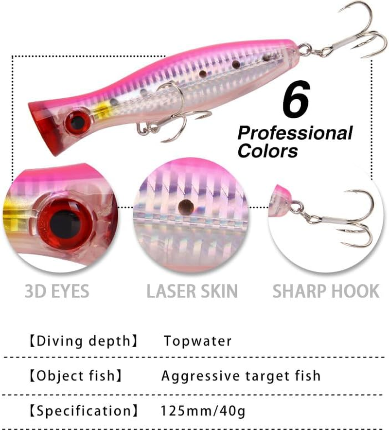 Fishing Lures, 3 Pcs Large Top Water Poppers 12.5Cm/ 40G Artificial Seal Lure 3D Eyes with Hooks and Ring for Saltwater Offshore, Surf Fishing Striped Bass, Bluefish image number 4
