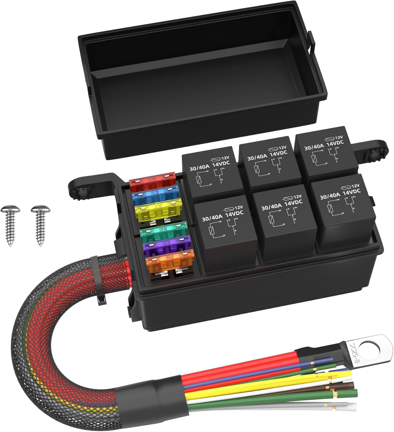 12V Waterproof Relay Box 6 Way Fuse Box Pre-Wired 12 AWG 6 Slot ATC/ATO Fuse Block Universal Panel for Automotive Car Marine Boat