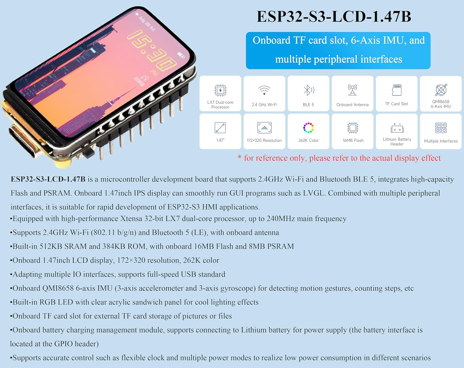 ESP32-S3 1.47Inch LCD IPS Display Development Board, 172X320 Resolution, 262K Display Color, 240Mhz LX7 Dual-Core Processor, Support 2.4Ghz Wi-Fi/Ble 5, ESP32 with Display, with Pre-Soldered Header image number 2