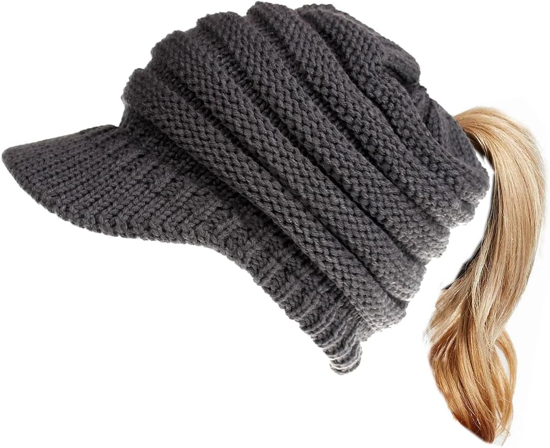Eachwell Women Cable Knit Beanie Cap Soft Stretch Messy High Bun Winter Ponytail Hat