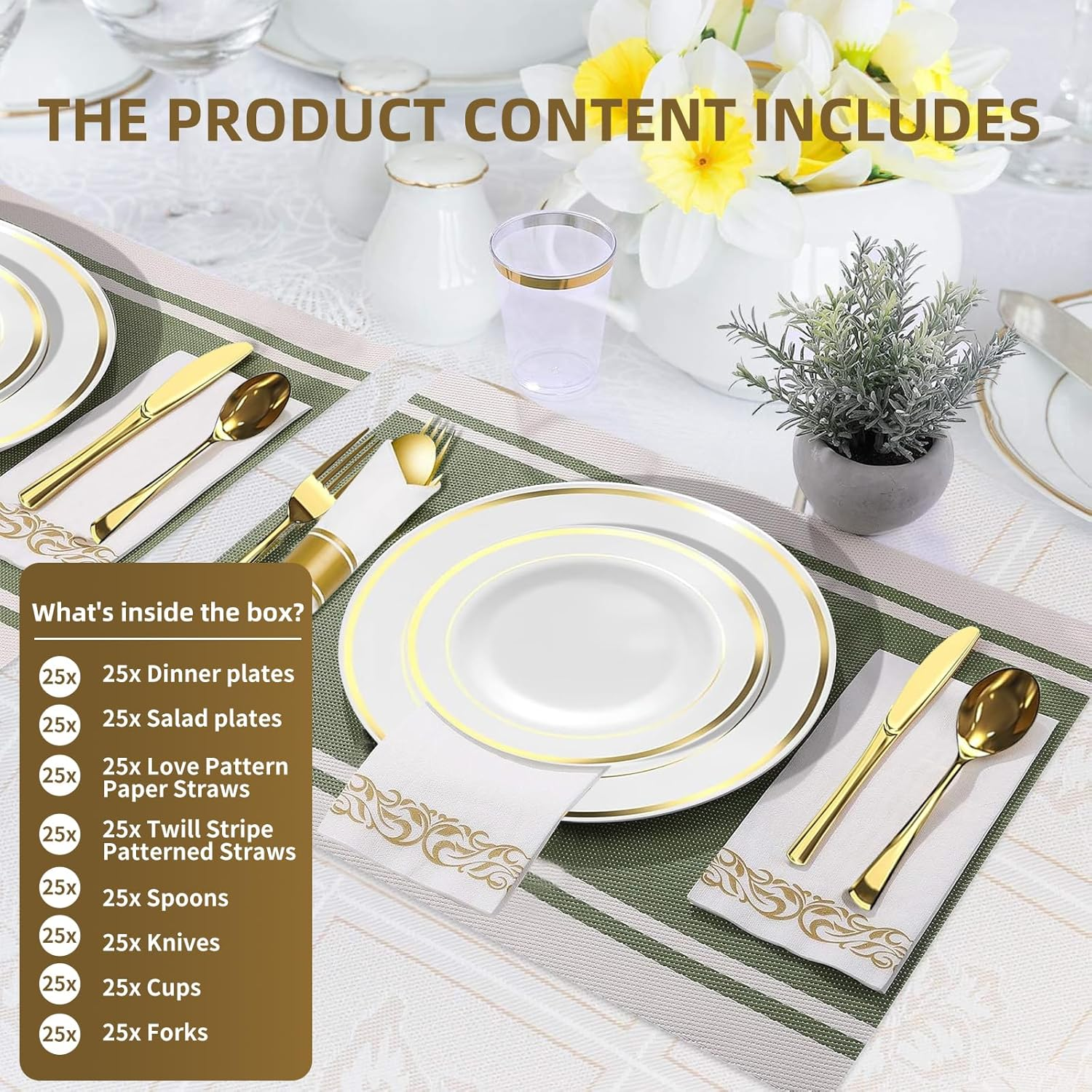 Sebusong 225 Pcs Dinnerware Set Gold, Reusable Plastic Dinner Plates Set Include 25 Dinner Plates, 25 Salad Plates, 75 Silverware(25 Forks, Knives, Spoons), 25 Napkins, 25 Cups, 50 Paper Straws image number 5