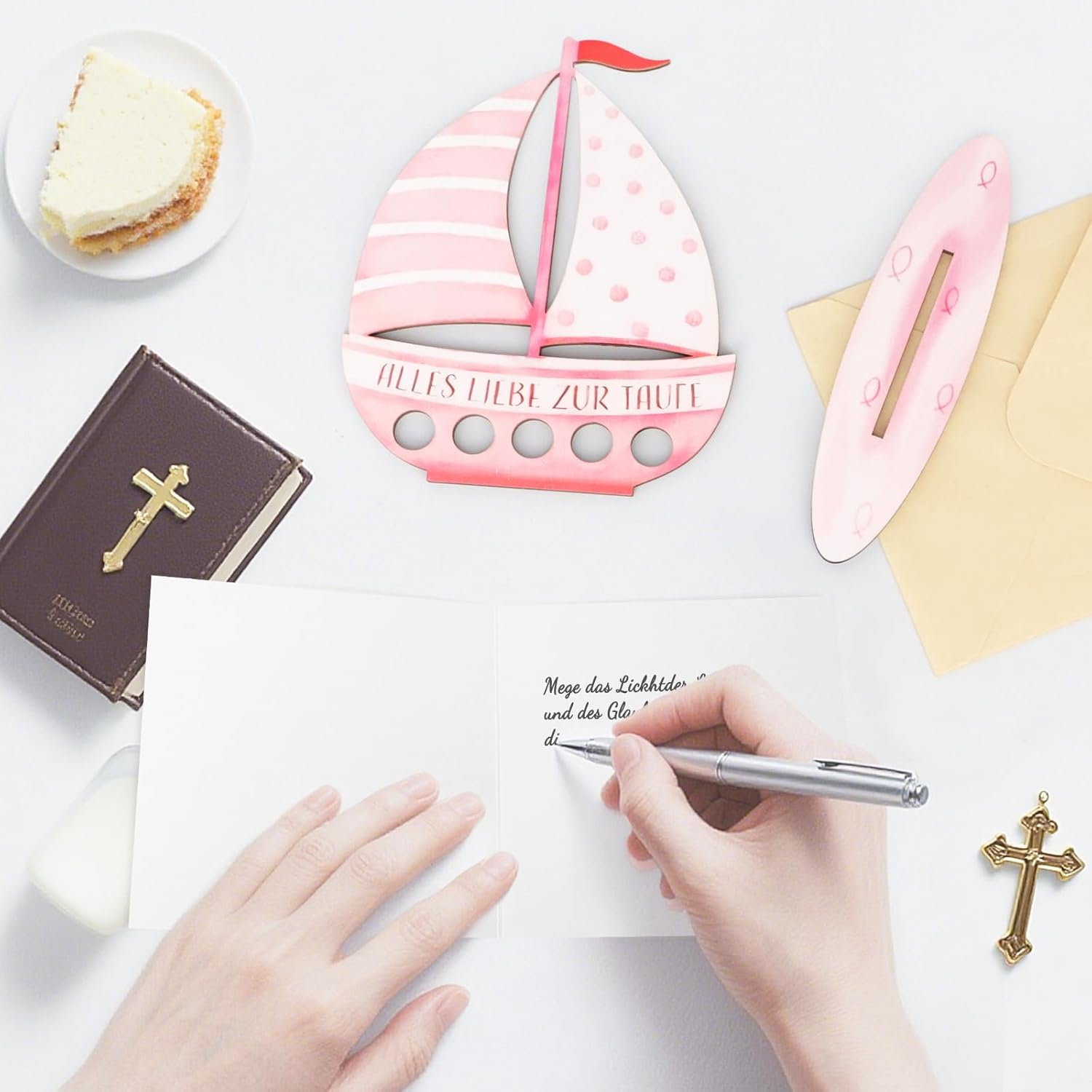 Christening Gifts Boys and Girls, Personal Wooden Sailing Boat as a Christening Gift, with Christening Card, Money Gift Idea, Unique Keepsake for Christening (Pink)