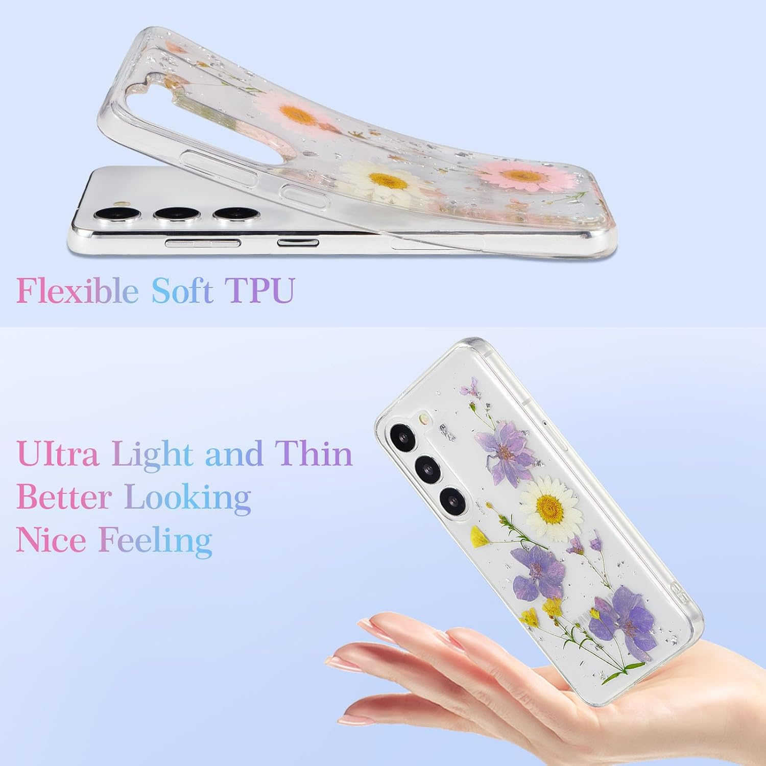 EYZUTAK Dried Flower Case for Samsung Galaxy S23, Soft Slim TPU Clear Sparkle Stars Glitter Silicone Gel Shockproof Flower Protective Case Light Blue image number 6