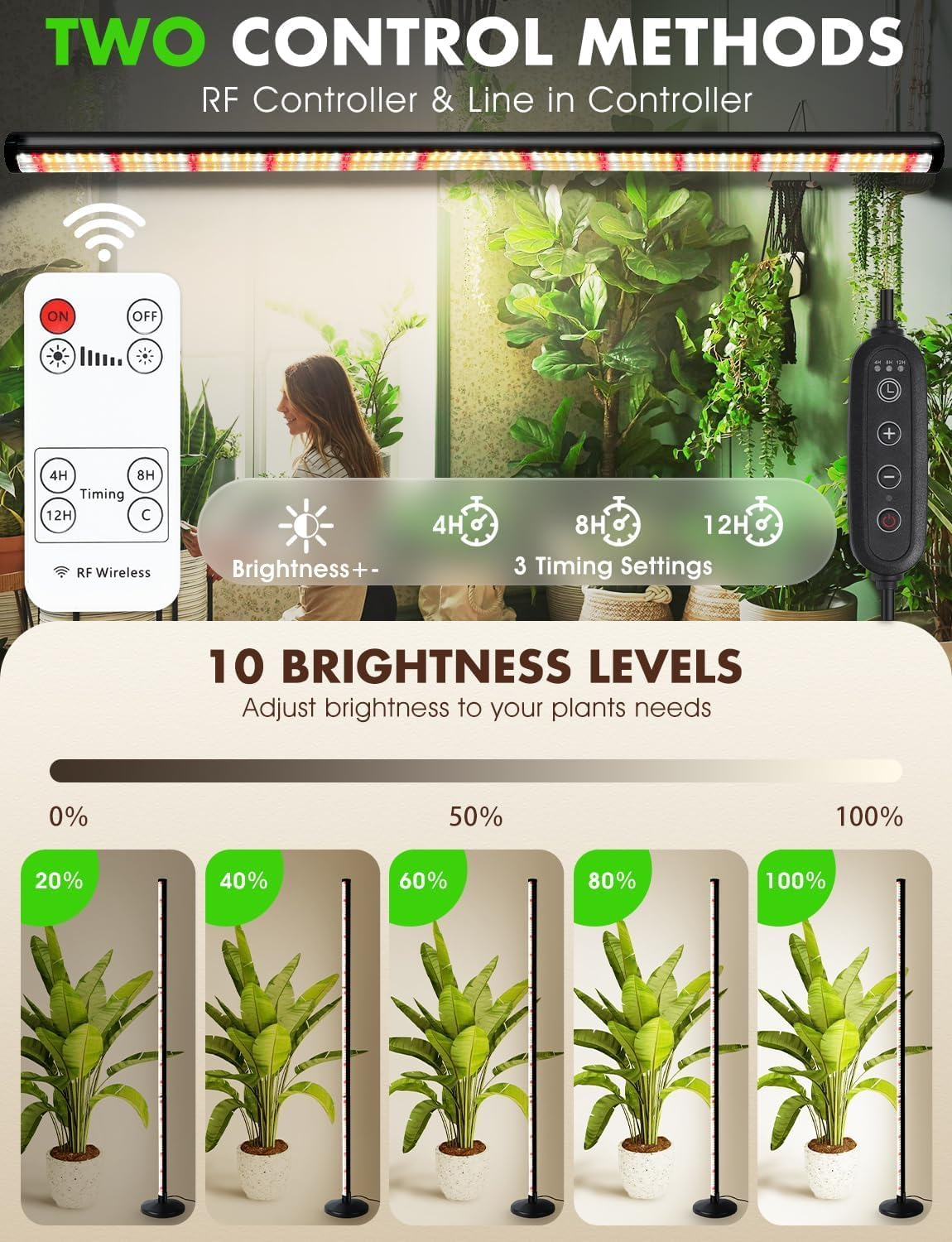 145Cm Grow Lights for Indoor Plants: 36W 280 Leds Full Spectrum Plant Lights for Seed Starting with Timer and 10 Level Dimmable Standing Plant Growing Lamp for Greenhouse with Hanging Accessory