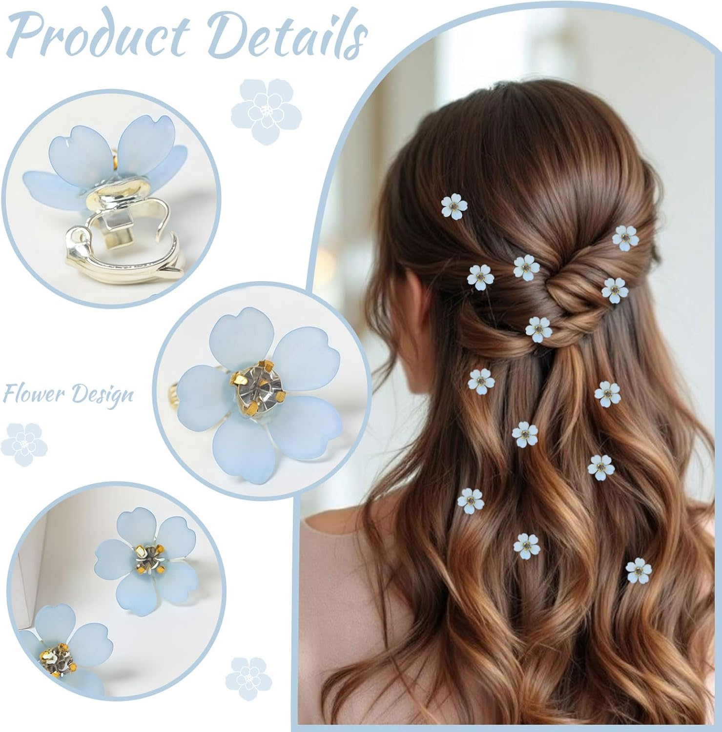 Mezrkuwr 10 Pieces Blue Mini Crystal Flower Hair Clips Summer Beach Braid Hair Accessories for Women Claw Clips Hair Claws Hair Clips Hair Clips for Party Wedding Beach image number 6