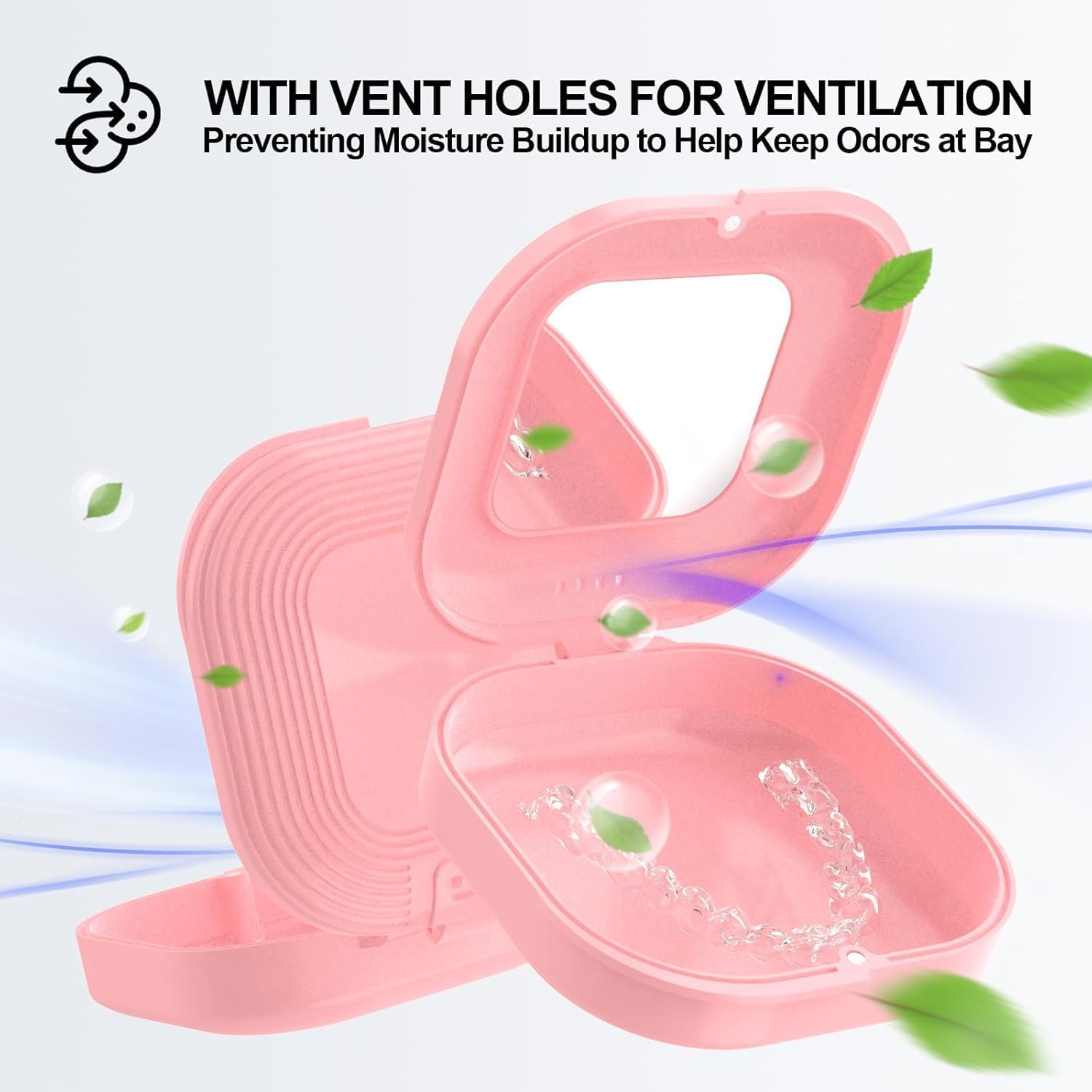 Retainer Case with Mirror & Adjustable Vent Holes &ndash; Slim Aligner Case Compatible with Invisalign & Night Mouth Guards, Includes Remover Tool Chewies and Brush- Cute & Portable Holder （Pink） image number 3
