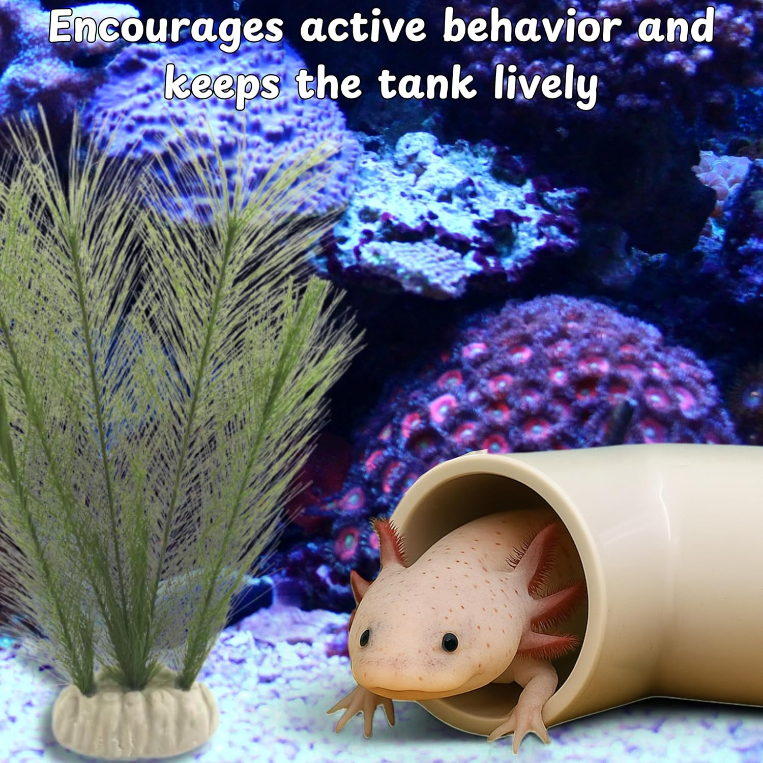 Axolotl Hide Tube and Silk Plants for Aquarium, Axolotl Cave and Aquatic Plant Set, Axolotls Hides and Green Plants, Aquarium Decor, Fish Tank Decorations, Turtle Tank Accessories (White, 11 * 3.5In) image number 5
