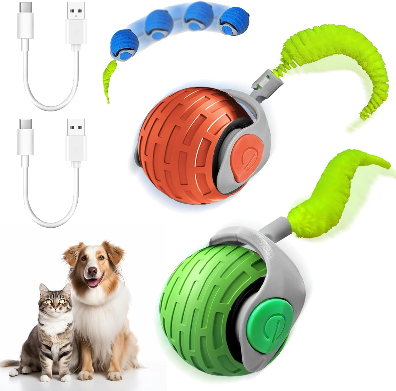 Wenosda Interactive Cat Toy Ball, 2Pcs Rechargeable Cat-Balls, Dog Automatic Electric Moving Rolling Ball, Rechargeable Smart Pet Toy with 2 Adjustment Modes (Blue +Red