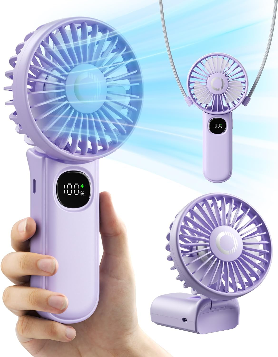 Handheld Fan, Foldable Portable Fan with LED Display, 3000Mah Battery Operated Mini Hand Held Fan, Handheld/Neck/Desk 3 in 1 Personal Small Fan for Eyelash Makeup Travel Beach Outdoor Black