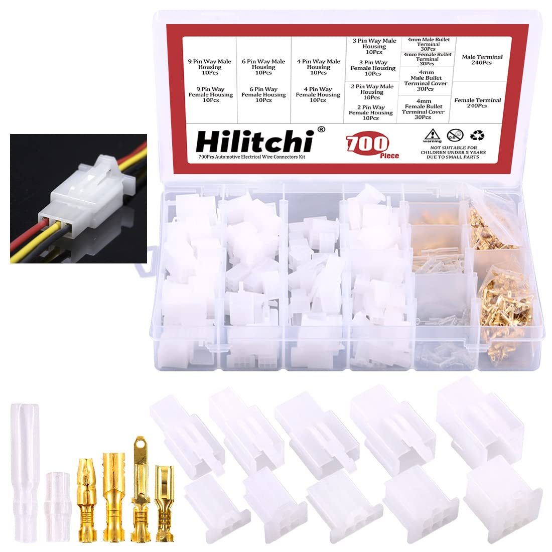 Hilitchi 700 Pcs 2.8Mm 2 3 4 6 9 Pin Automotive Electrical Wire Connectors Pin Header Crimp Wire Terminals Assortment Kit with 30 Sets 4Mm Car Motorcycle Bullet Terminal Wire Connectors with Cover