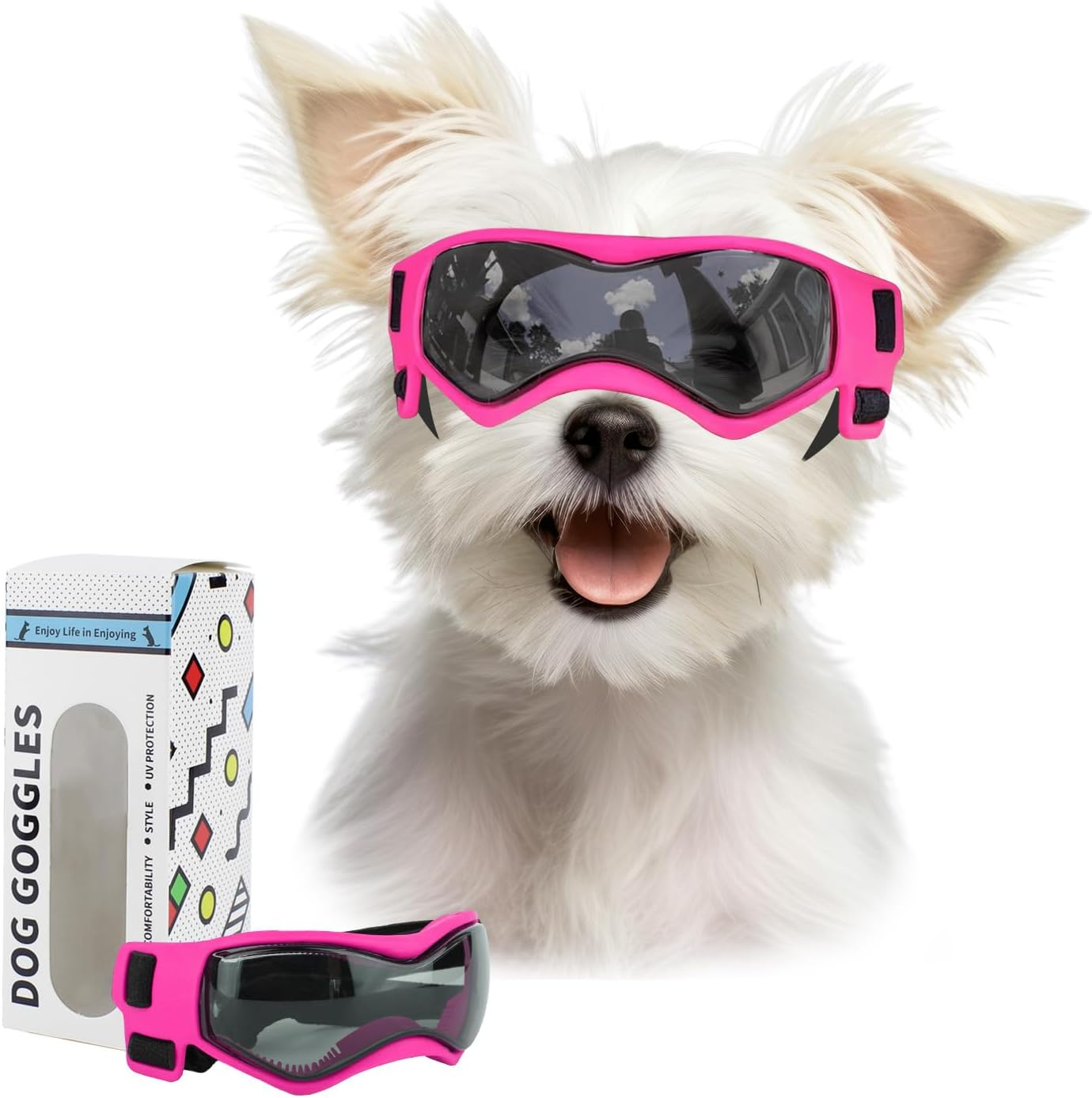 Dog Goggles Dog Sunglasses for Small Breed UV Protection Windproof with Adjustable Head Straps Chin Straps for Ride Car/Hiking Travel/On Beach-Pink image number 4