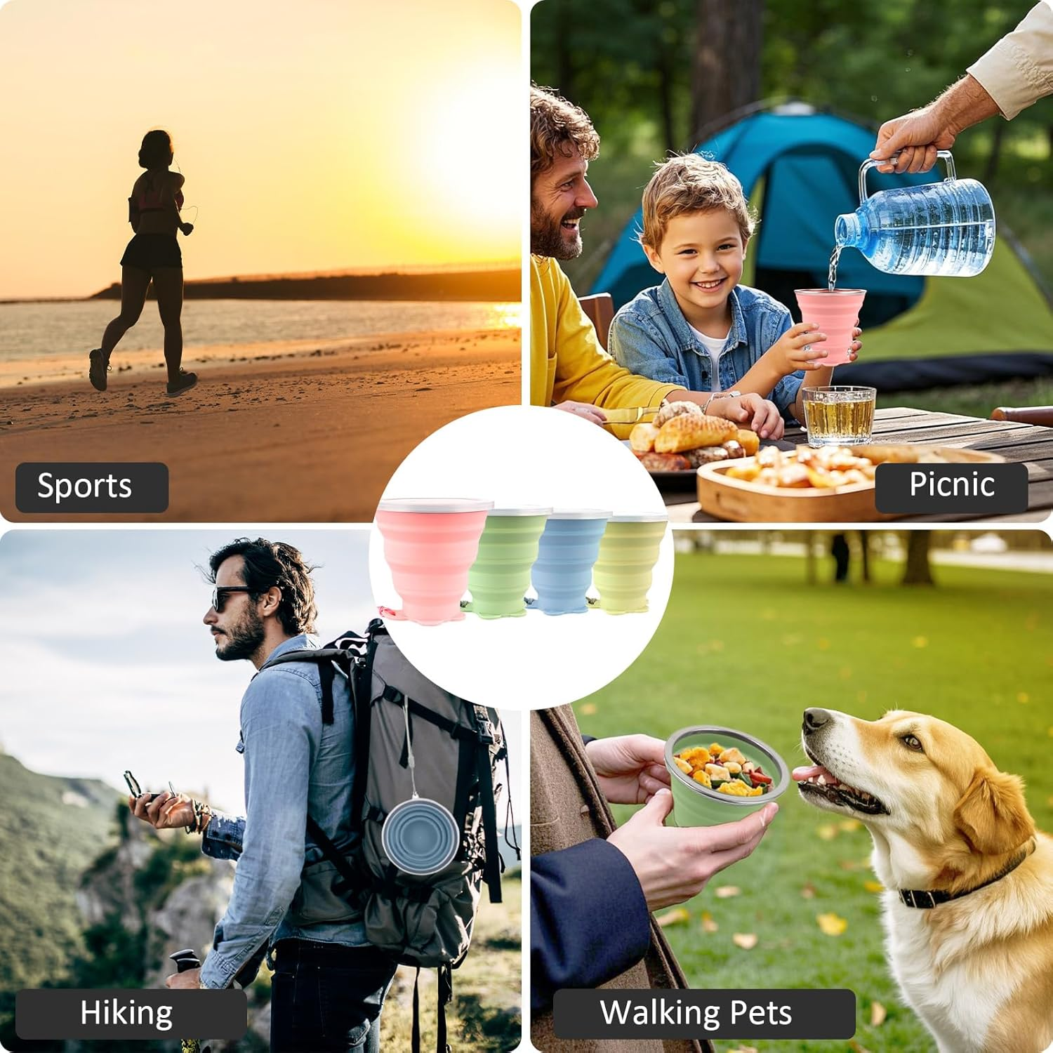 Ddluck Silicone Collapsible Camping Cup, 4 Pack 320Ml Foldable Travel Mug, Folding Portable Cups with Plastic Sealing Lid, Reusable Mugs Set for Picnic, Camping, Office, Outdoor Hiking - Green  Gray image number 3