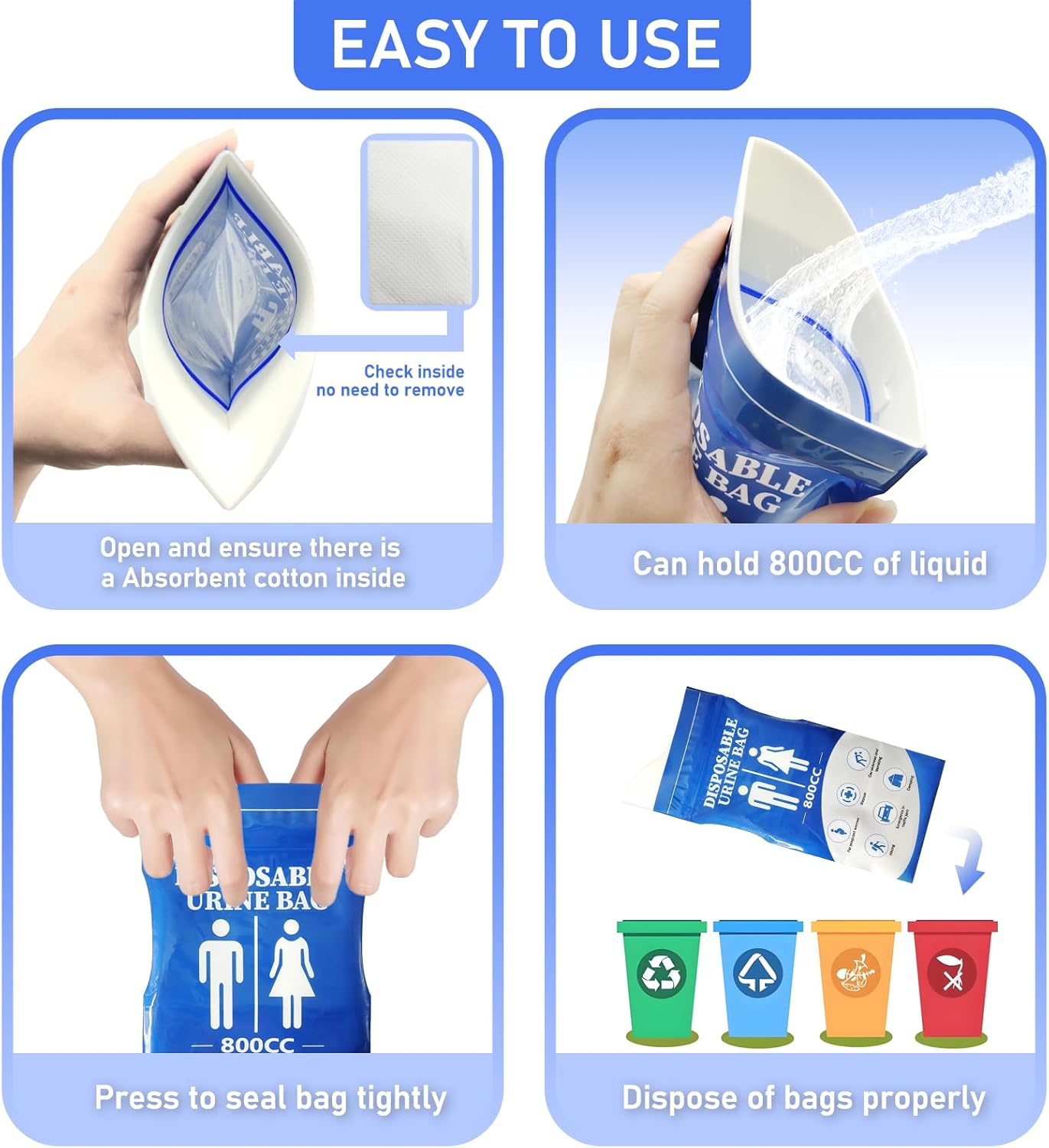 Disposable Urine Bag, 12 PCS 800Ml Travel Pee Bags, Emergency Urine Bags, Travel Johns Disposable Urinals, Vomit Bags for Travel, Portable Female Urinal, for Men Women Kids Children Patient Old People image number 1