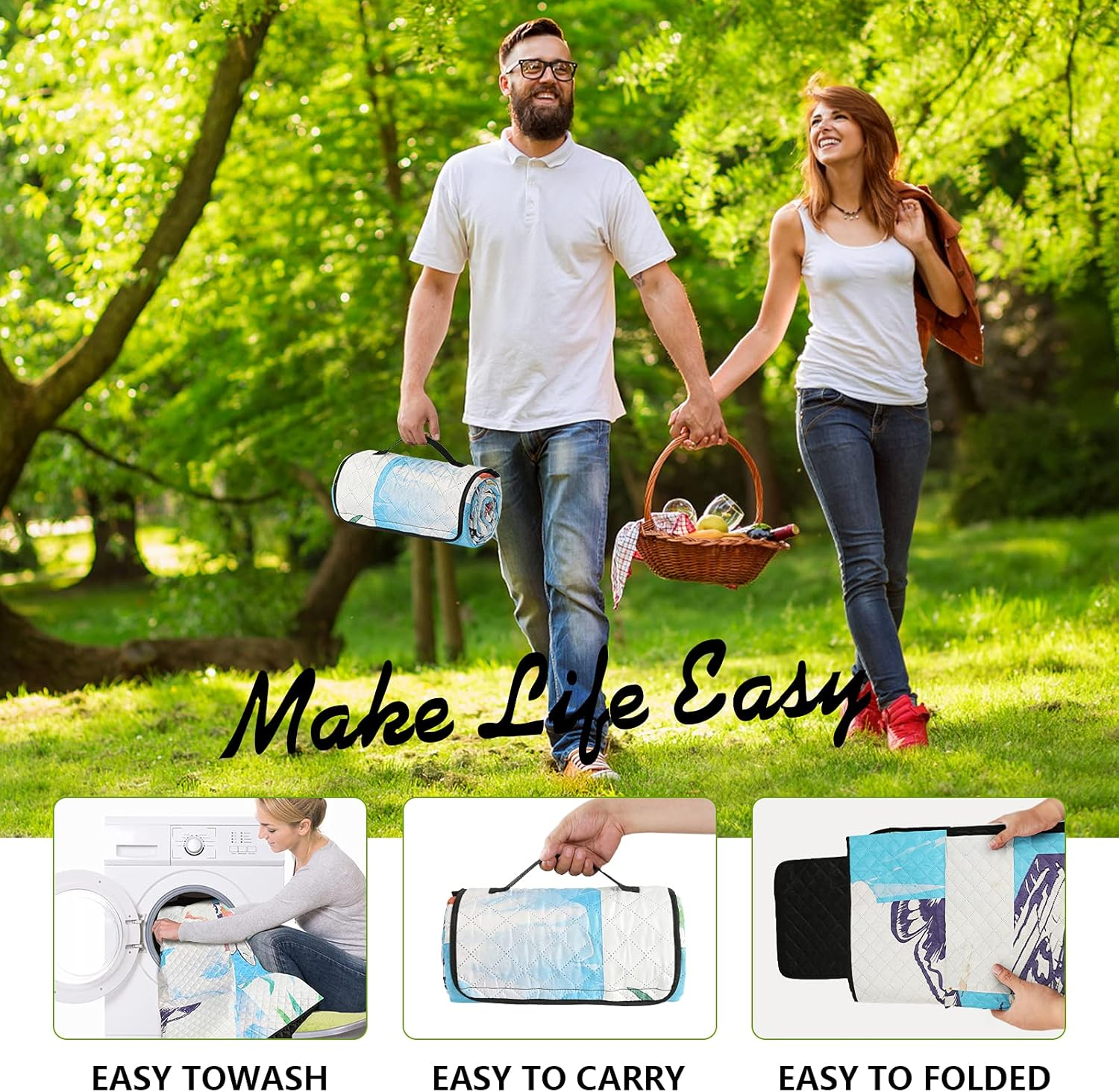 AMMSUN Picnic Blanket Mat Rug Waterproof Sandproof 200X200Cm 4-8 Person Extra Large Beach Blanket Easy to Fold Lightweight Skin-Friendly and Comfortable for Beach, Camping,Family Concerts,Park image number 3