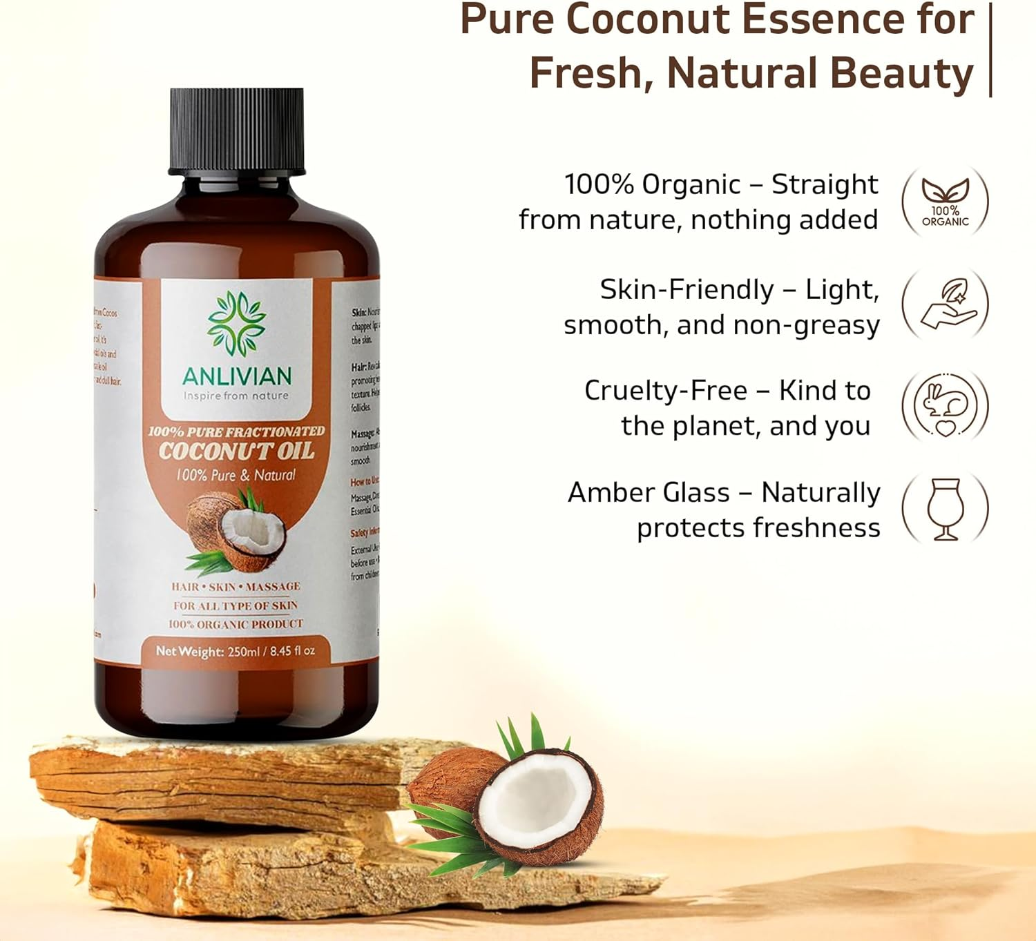 Organic Fractionated Coconut Oil 250Ml &ndash; Pure & Natural Carrier Oil for Hair, Skin & Body &ndash; Moisturiser, Massage&ndash; Vegan & Non-Gmo by Anlivian (250ML) image number 2