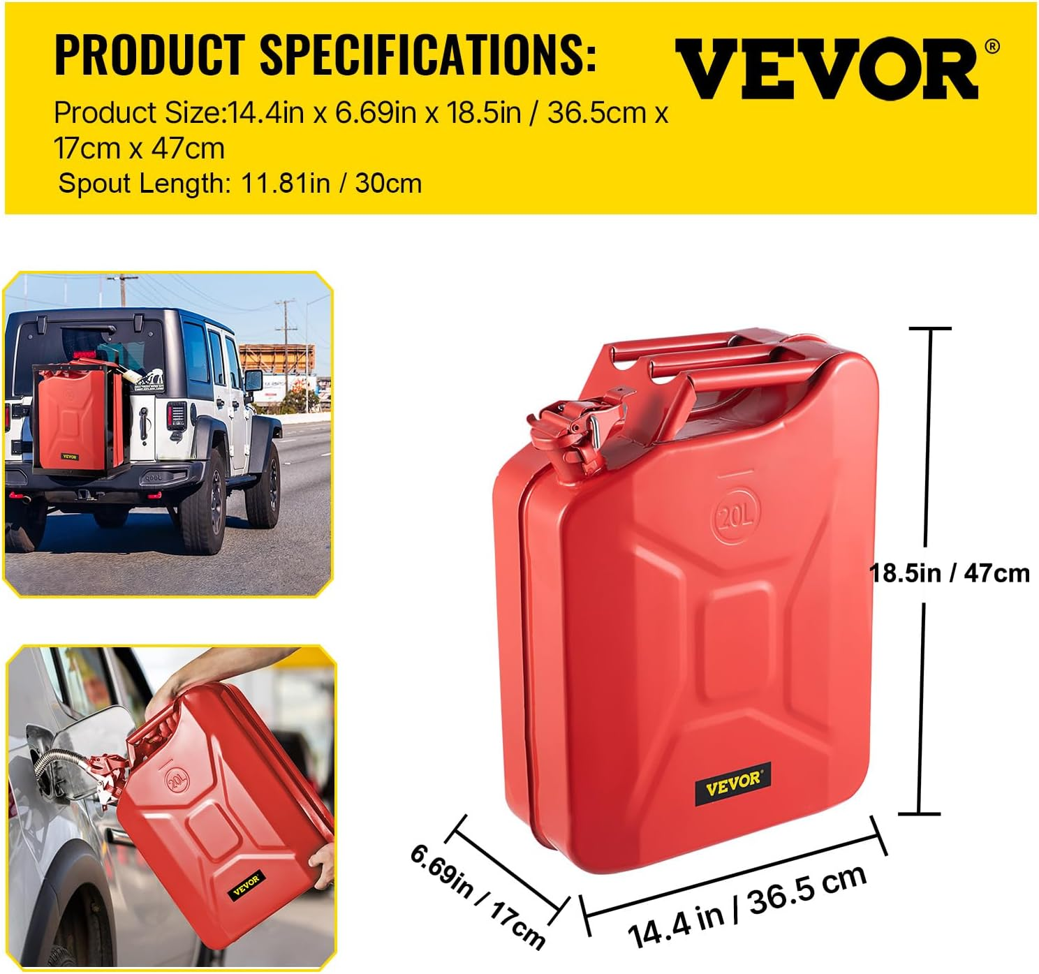 VEVOR Jerry Fuel Can, 20 L Portable Jerry Gas Can with Flexible Spout System, Rustproof ＆ Heat-Resistant Steel Fuel Tank for Cars Trucks Equipment, Red image number 5