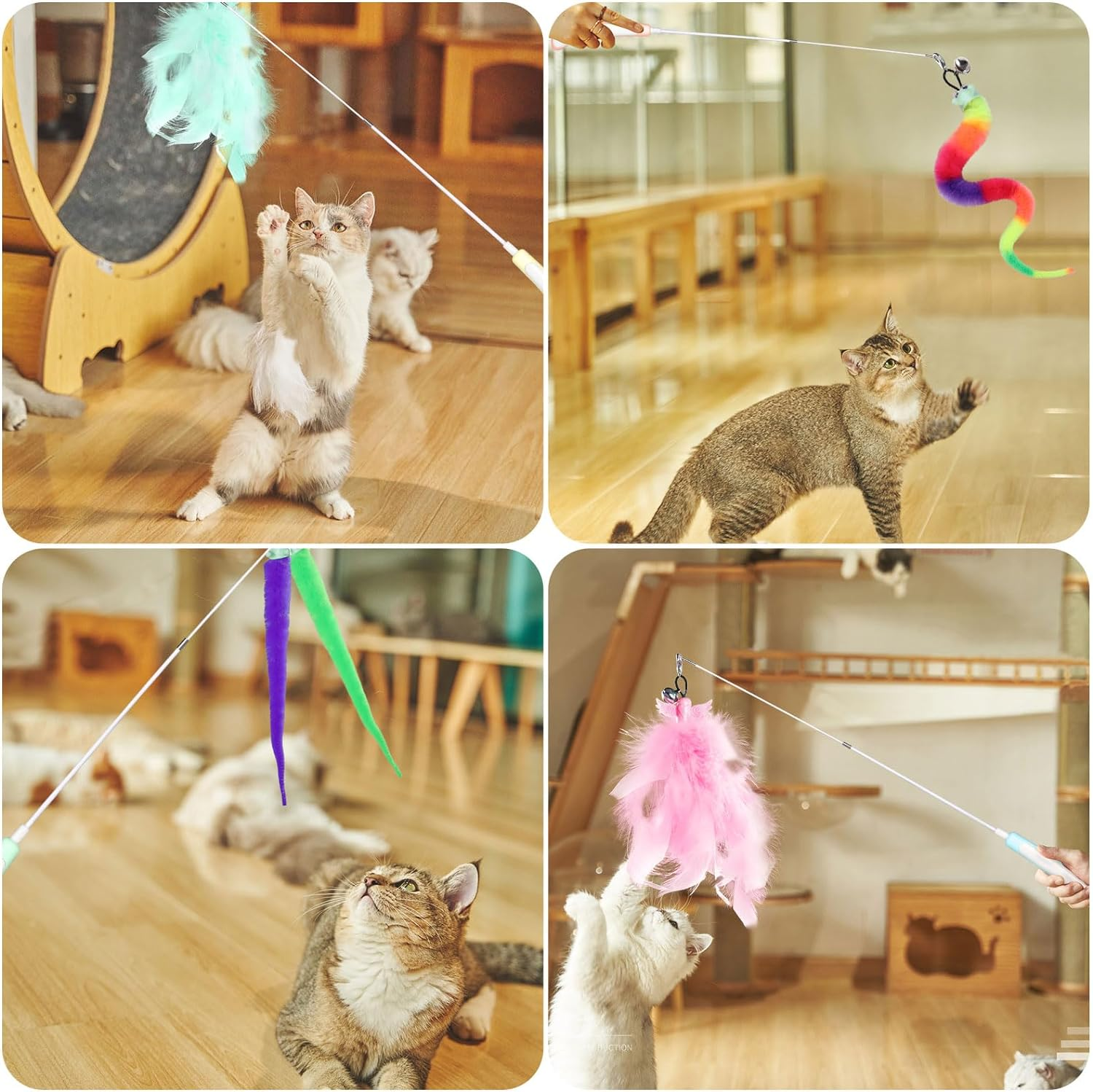 Hianjoo 12PCS Teaser Cat Toy, 4 Retractable Cat Wand Toys and 8 Replacement Teaser Refills with Bell, Interactive Catcher Teaser for Kitten or Cats image number 2