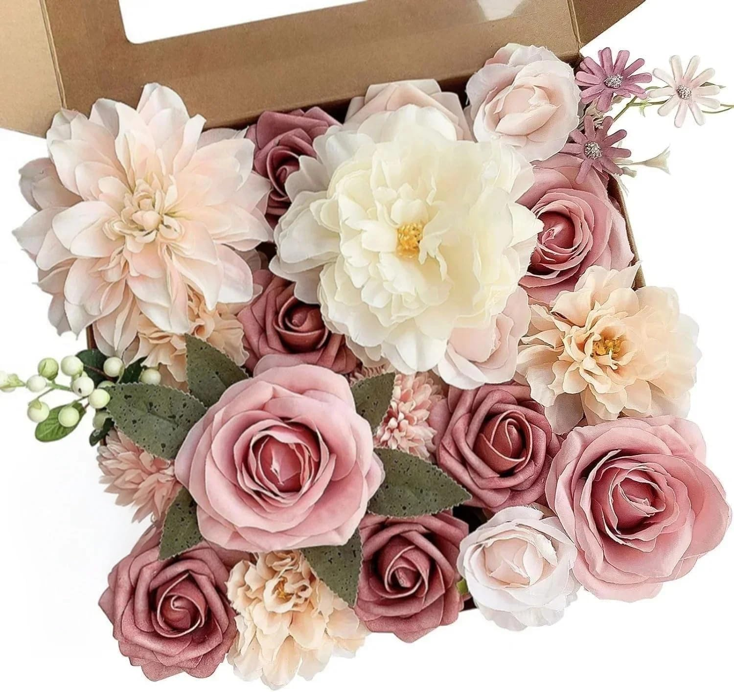 Artificial Roses Flowers Pink Bouquets Box Set for Wedding Bridal Bouquets DIY Party Table Centerpieces Floral Arrangements Home Decor (Indoor/Outdoor) Blush 19Pcs image number 2