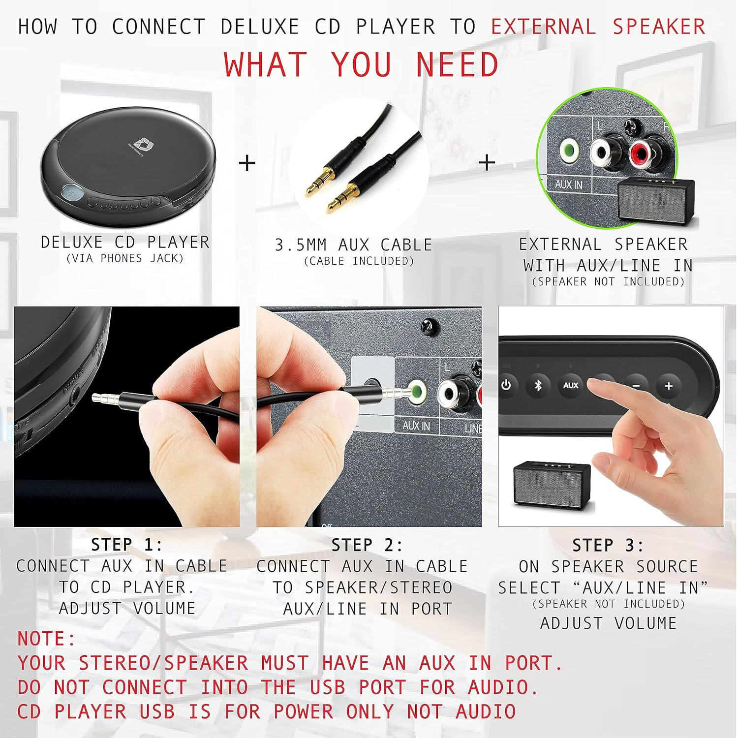 Deluxe Products CD Player Portable with 60 Second anti Skip, Stereo Earbuds, Includes Aux in Cable and AC USB Power Cable for Use at Home or in Car image number 5