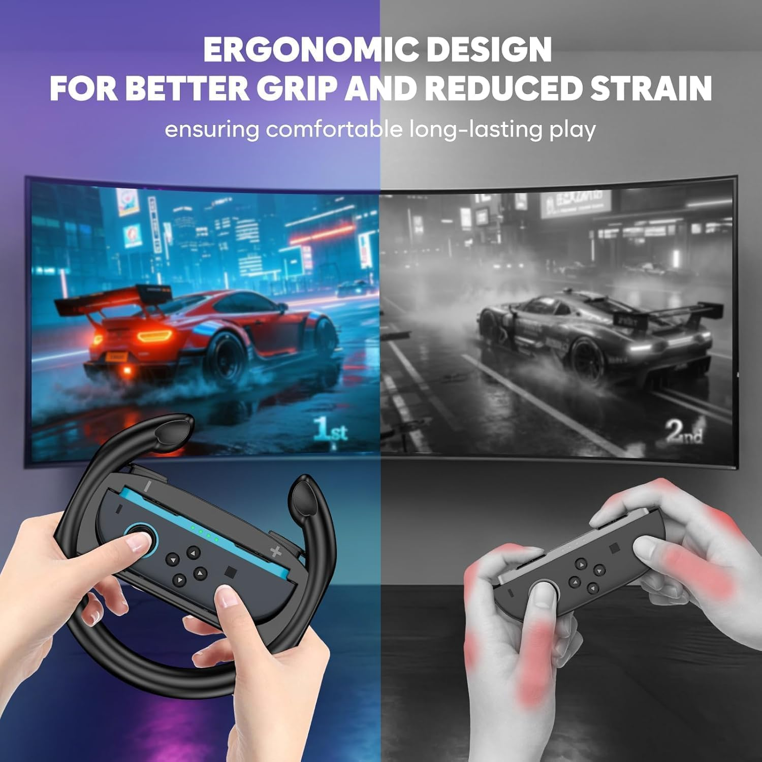 Nintendo Switch Steering Wheel, 2 Pack,Dual Racing Wheel Joy-Con Holder for Mario Kart 8 Deluxe/Live Home Circuit, Ergonomic Grip for Kids & Adults (Black) - Blue  Red image number 3