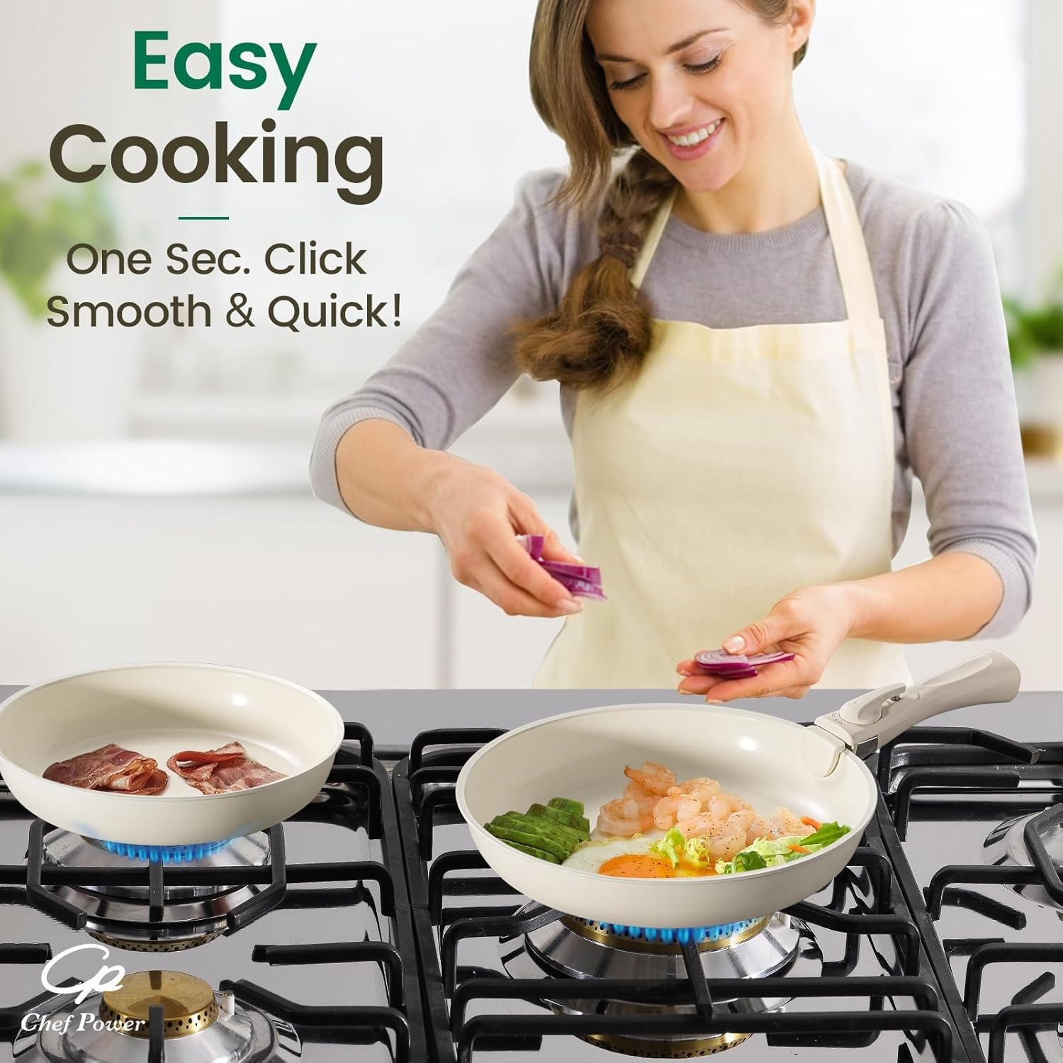 Chef Power Ceramic Nonstick Cookware Set 19 Piece with Detachable Handle, Induction Dishwasher Oven Safe Pans and Pots Set, RV Kicthen Set Removable Handle, Cream White image number 6