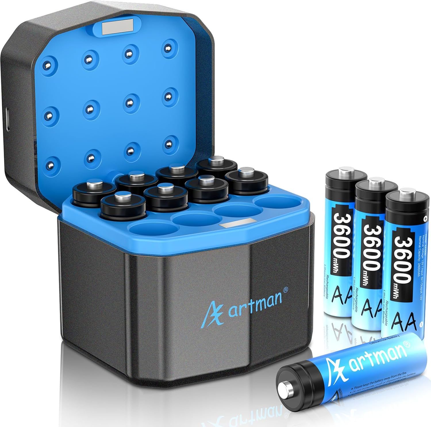Artman Rechargeable Lithium AA Batteries 12 Pack with 12-Slot Charger, 3600Mwh 1.5V High Power AA Lithium Batteries for Blink Outdoor Camera, Rechargeable Double a Battery with 2000+ Cycles (Black) image number 2