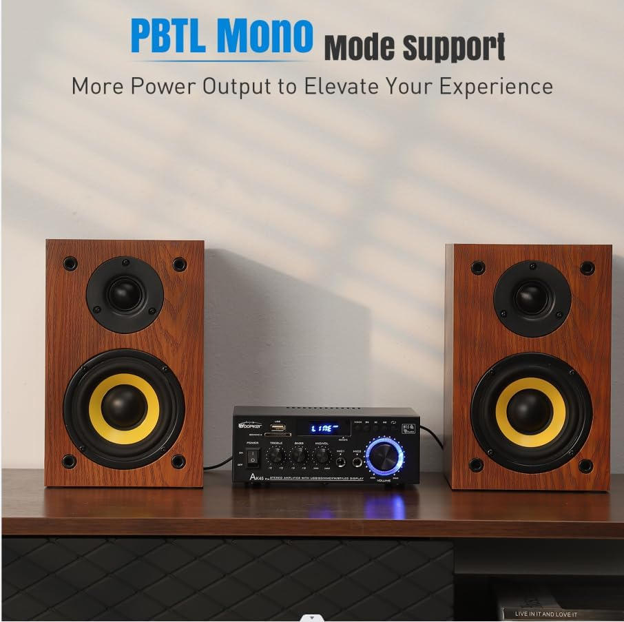 AK45 PRO Stereo Audio Amplifier, 425W Home 2 Channel Wireless Bluetooth 5.0 Power Amplifier System, Home Amplifiers FM Radio, USB, SD Card, with Remote Control Home Theater Audio Stereo System image number 3
