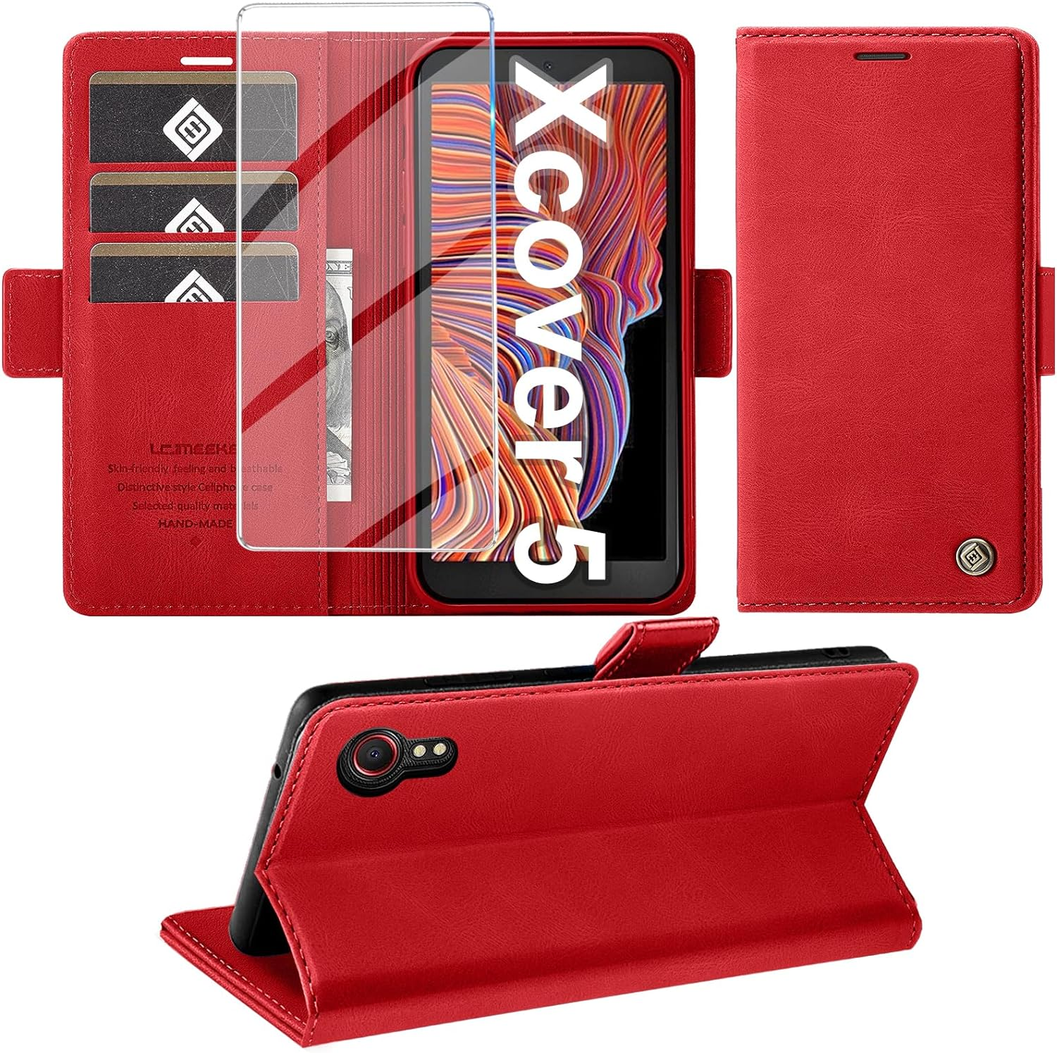 Giyer Mobile Phone Case for Samsung Galaxy Xcover 5 Case with Screen Protector, Protective Case Galaxy Xcover 5 PU Leather Wallet Flip Case Stand Card Slot Flip Case for Samsung Xcover 5 Pocket (Red)