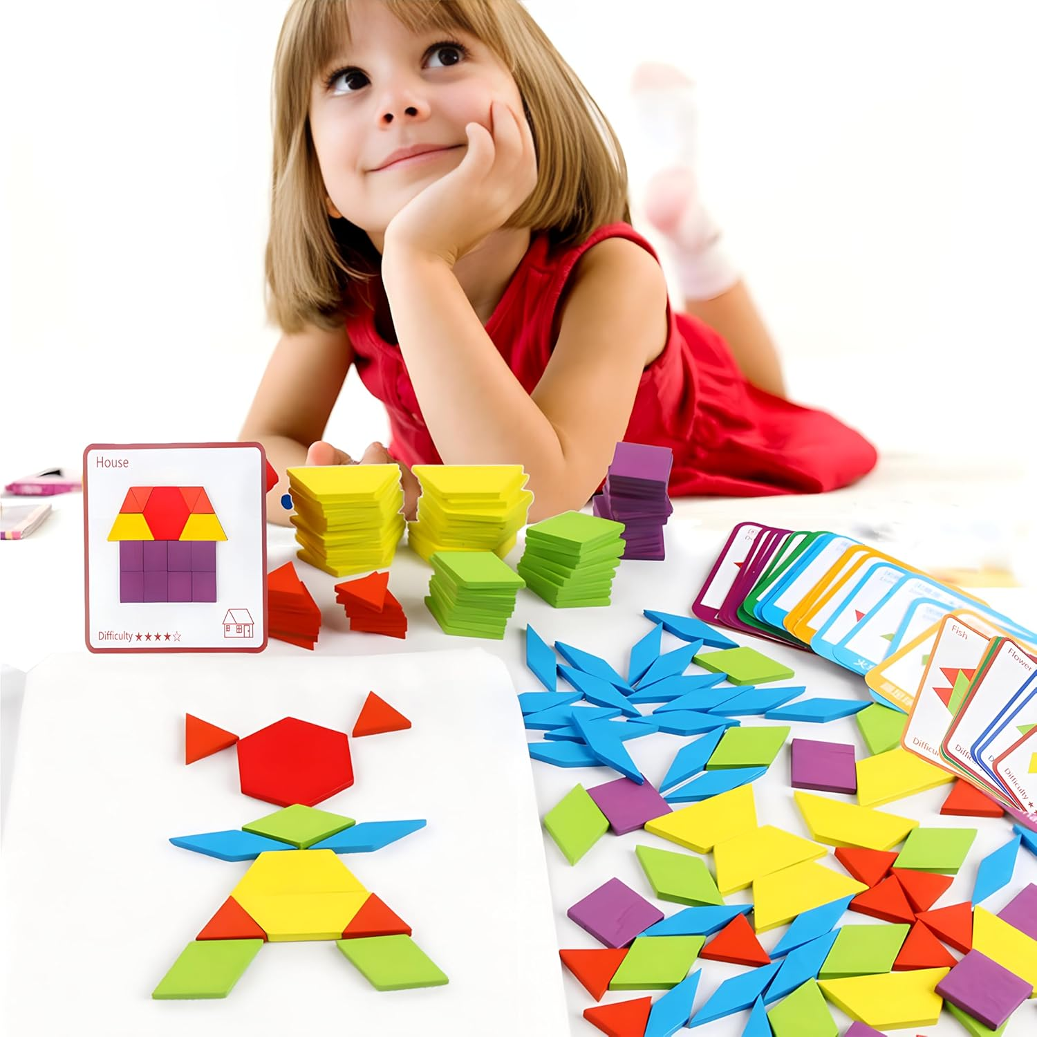 155 PCS Wooden Pattern Blocks Set Geometric Shape Puzzle Kindergarten Classic Educational Montessori Tangram Toys for Kids Ages 4-8 with 12Pcs Double Side Cards