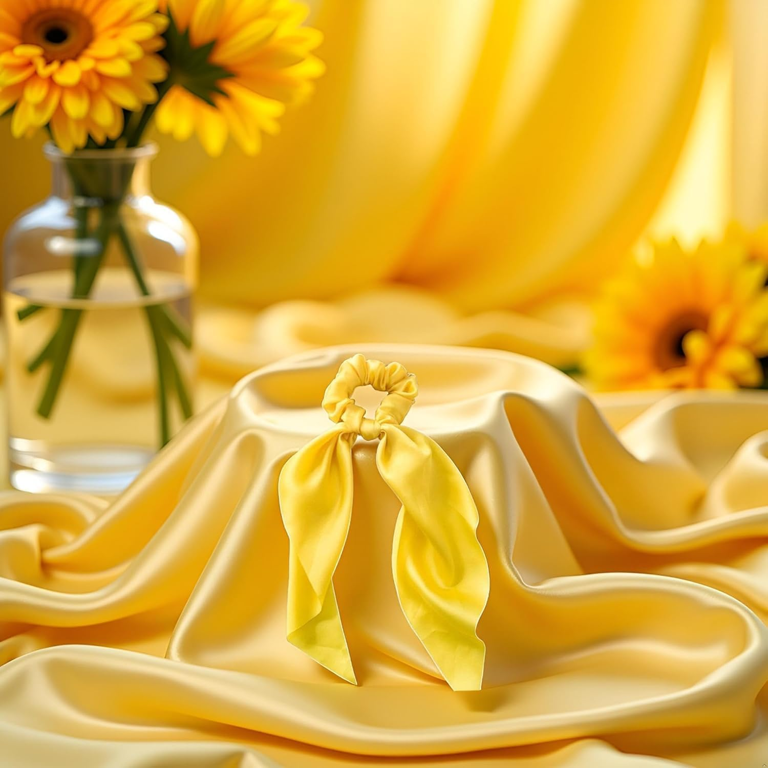 Yellow Women Girl Bow Satin Ribbon Ponytail Scarf Hair Tie Rope Scrunchies Elastic Band Hair Scrunchies Bands Elastics and Ties Beauty and Personal Care Hair Care, Hair Accessories image number 3