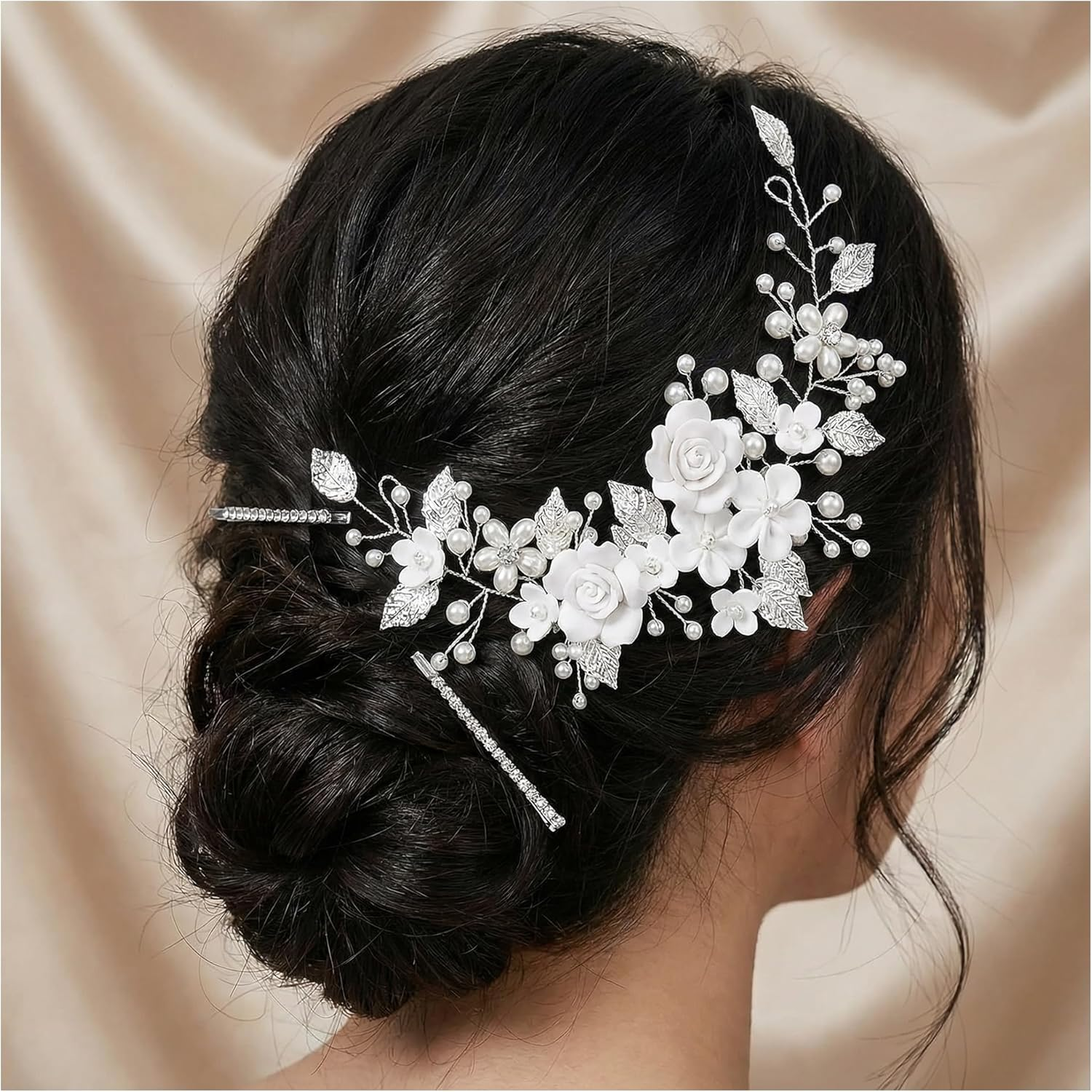 Flower Bridal Wedding Hair Vine Pearl Headband, Crystal Headband, Flower Leaf Headpiece, Pearl Hair Accessories, Hair Accessories for Women and Girls image number 4
