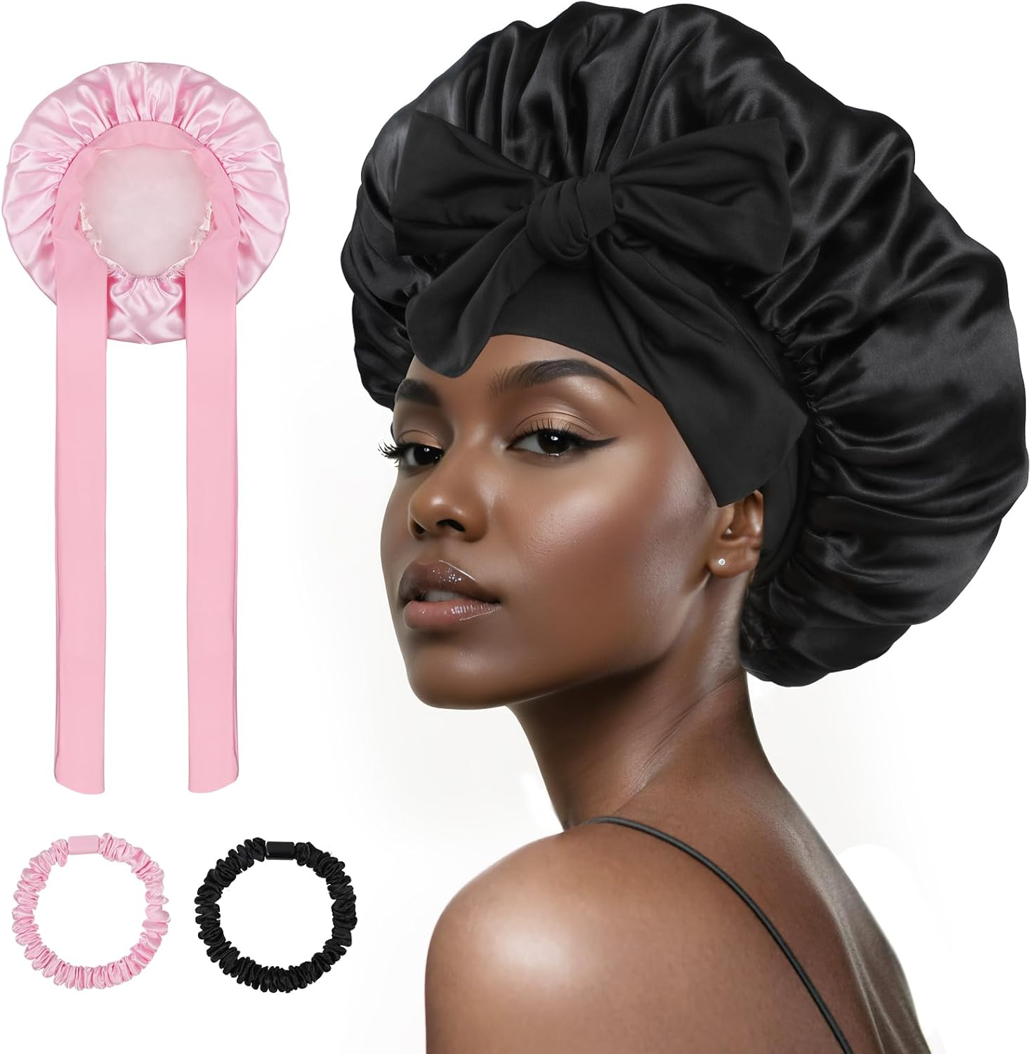 Bigqin Satin Bonnet Silk Bonnet for Sleeping, 2 Pack Hair Bonnet Night Sleep Cap with Tie Band Head Wrap Bonnets for Women and Girls Curly Natural Hair, Black & Pink image number 3