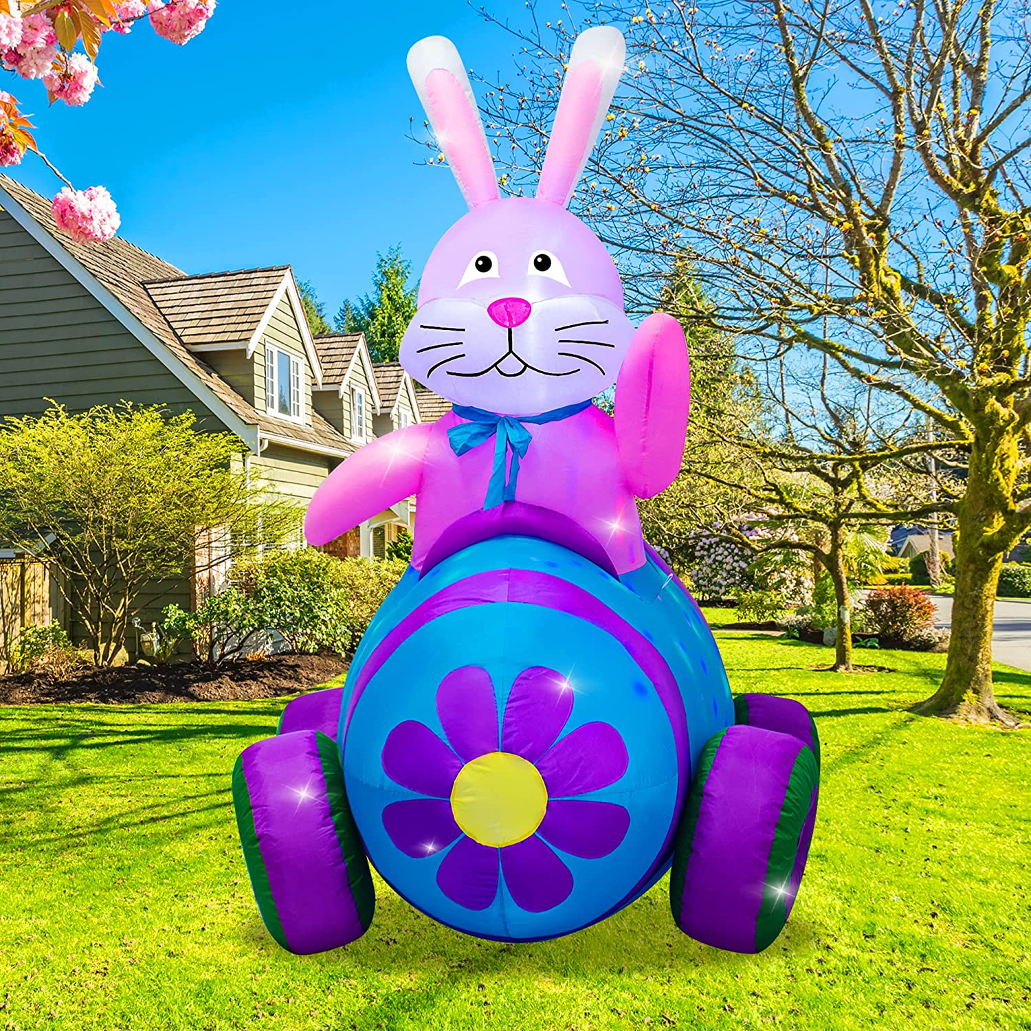 AJY 4 Feet Happy Easter Bunny Driving Car Inflatable Blow up Indoor Outdoor Yard Lawn Decoration