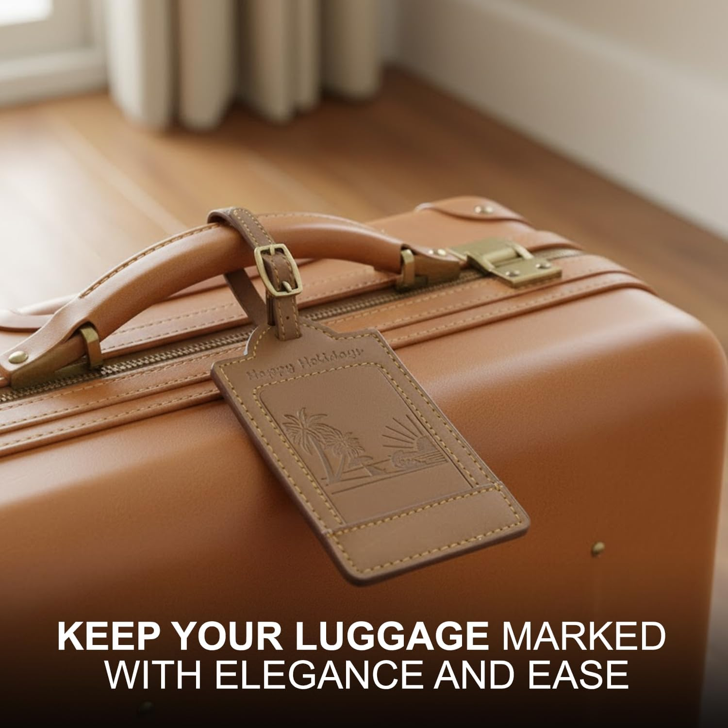 Sovereign-Gear - Two Brown Leather Luggage Tags - Beach Embossed - Genuine Leather Luggage Tag for Suitcases, Stylish & Durable Travel Accessory image number 6