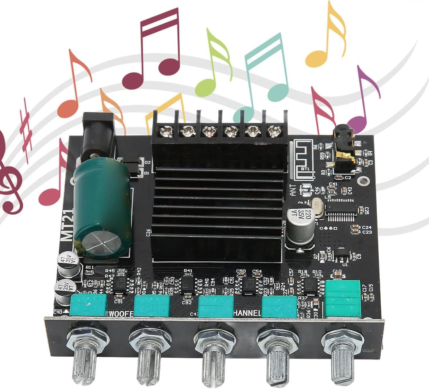 ZK-MT21 2.1 Channel Bluetooth Subwoofer Amplifier Board, 50Wx2+100W DC12-24V, Bluetooth and AUX Input, with Treble and Bass Control, for DIY Bluetooth Speaker image number 2