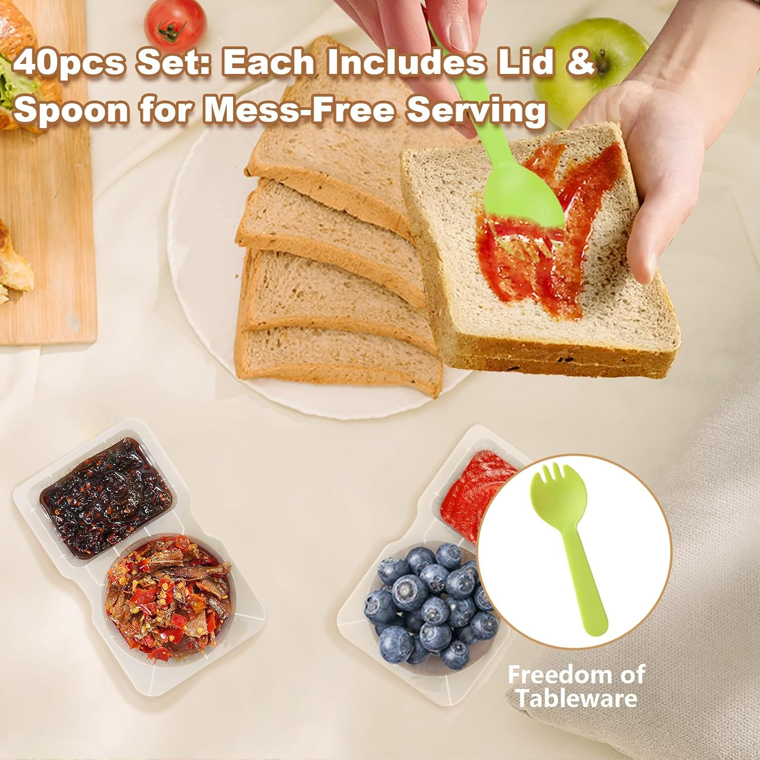 YARRAMATE 40PCS Double Compartment Snack Containers with Lids and Spoons, Condiment Snack Container for Cheese,Crackers,Fruit,Sauce, Leak-Proof Bpa-Free Plastic Packs for School,Office,Takeout image number 4
