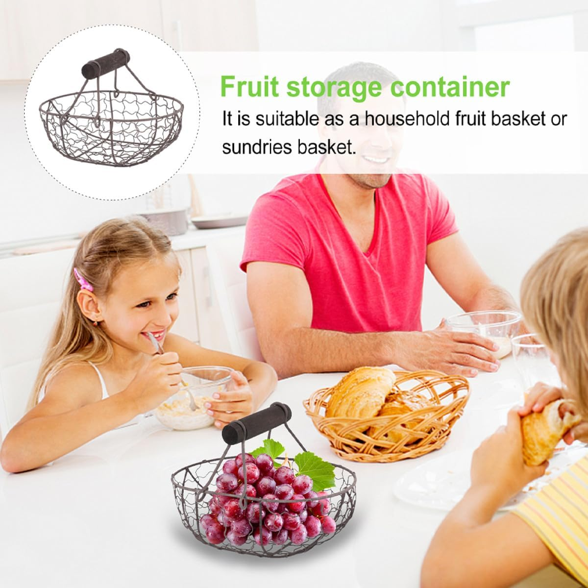 Ibasenice 2Pcs Vintage Iron Fruit Basket with Wooden Handles, Kitchen Storage Baskets for Vegetables, Eggs and Bread, Countertop Food Storage Organizer in Grey-Black image number 6